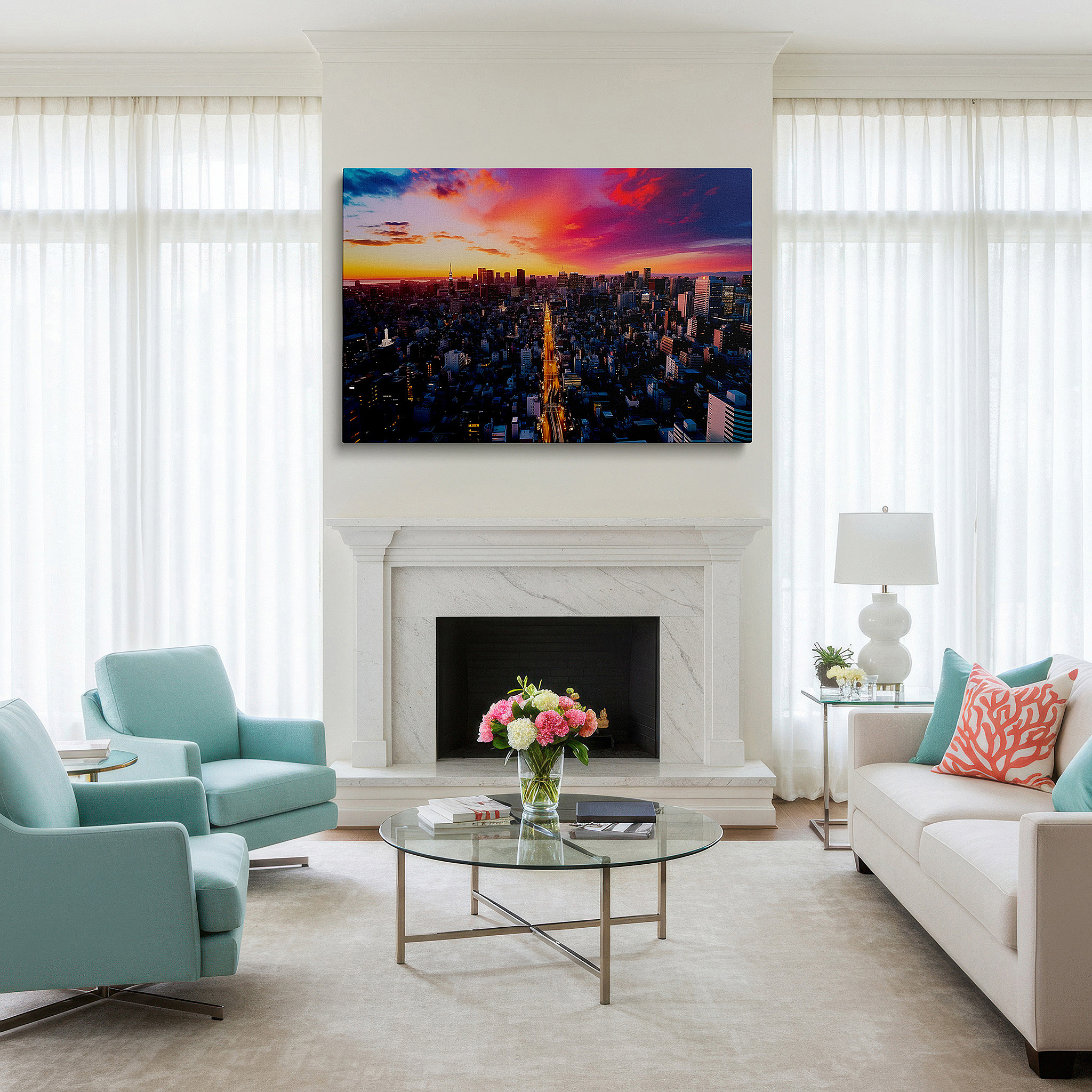 Bold and expansive at 90×60 cm — ideal for making a statement above large furniture — urban sunset enchantment: a vivid symphony of light and architecture - large canvas wall art for office and bedroom decor