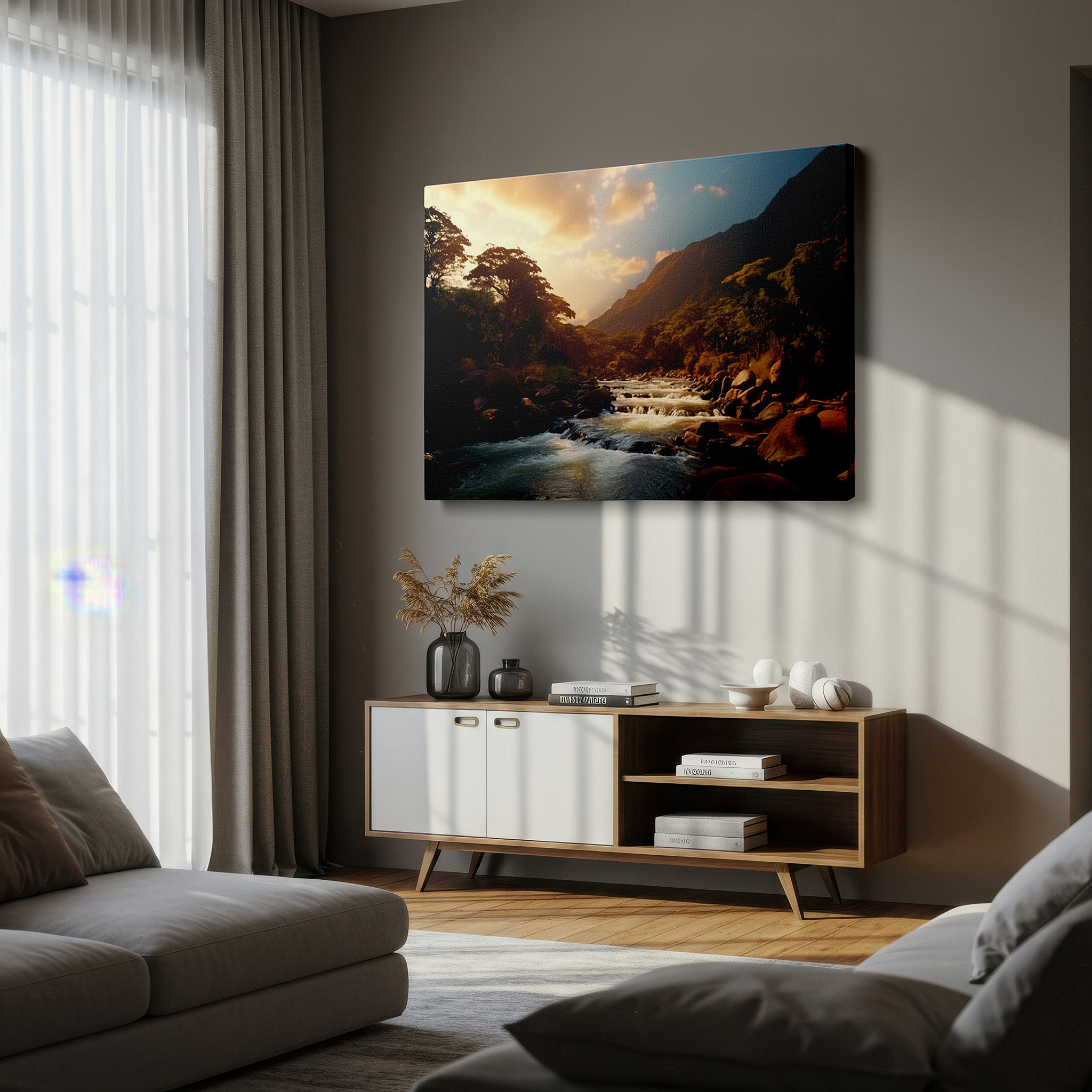 Bold and expansive at 90×60 cm — ideal for making a statement above large furniture — vibrant rushing stream and serene greenery at dusk large wall art, canvas wall art, wall decor for office, bedroom, and living room