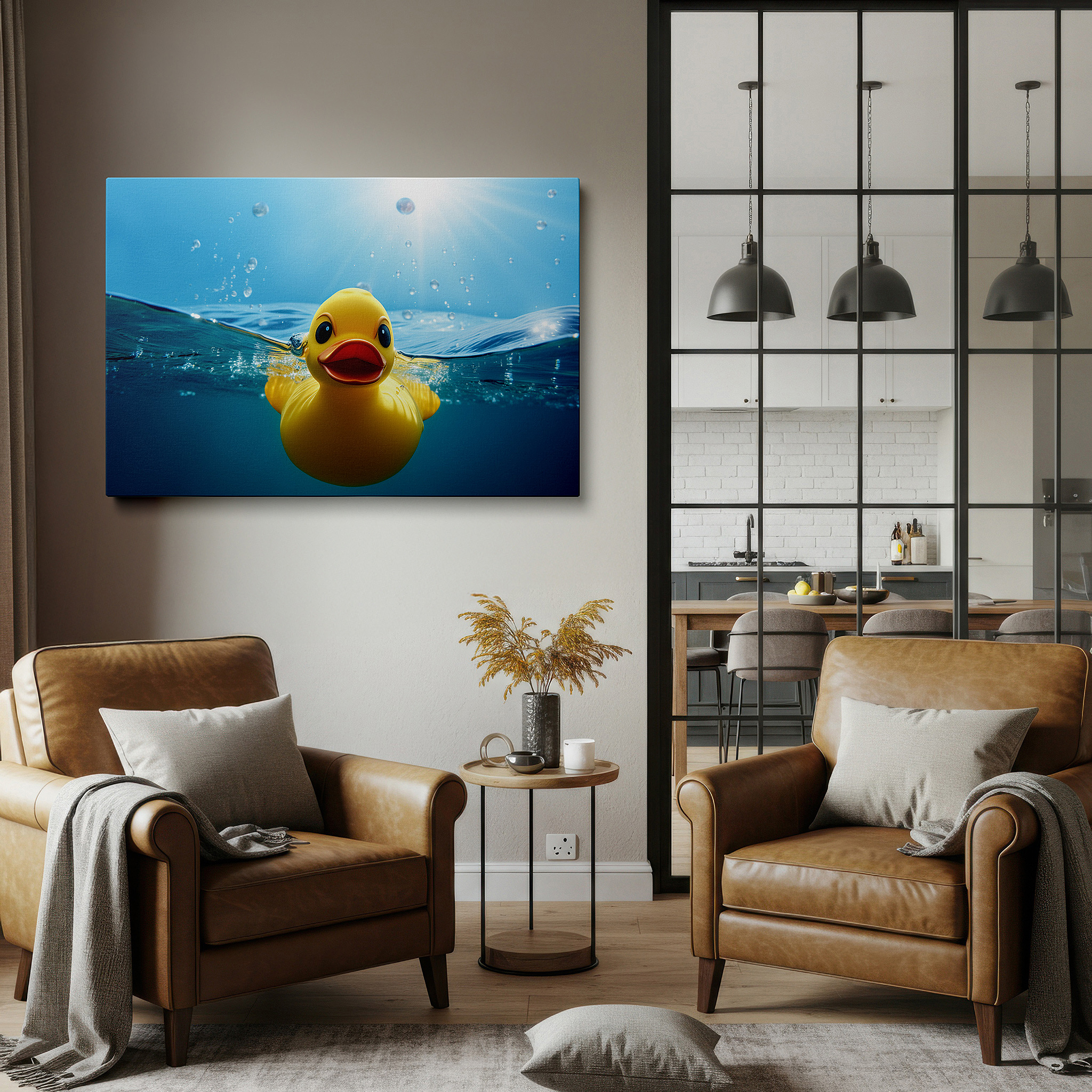 Bold and expansive at 90×60 cm — ideal for making a statement above large furniture — vibrant yellow duck in crystal clear waters: playful serenity large wall art, canvas decor for office and bedroom