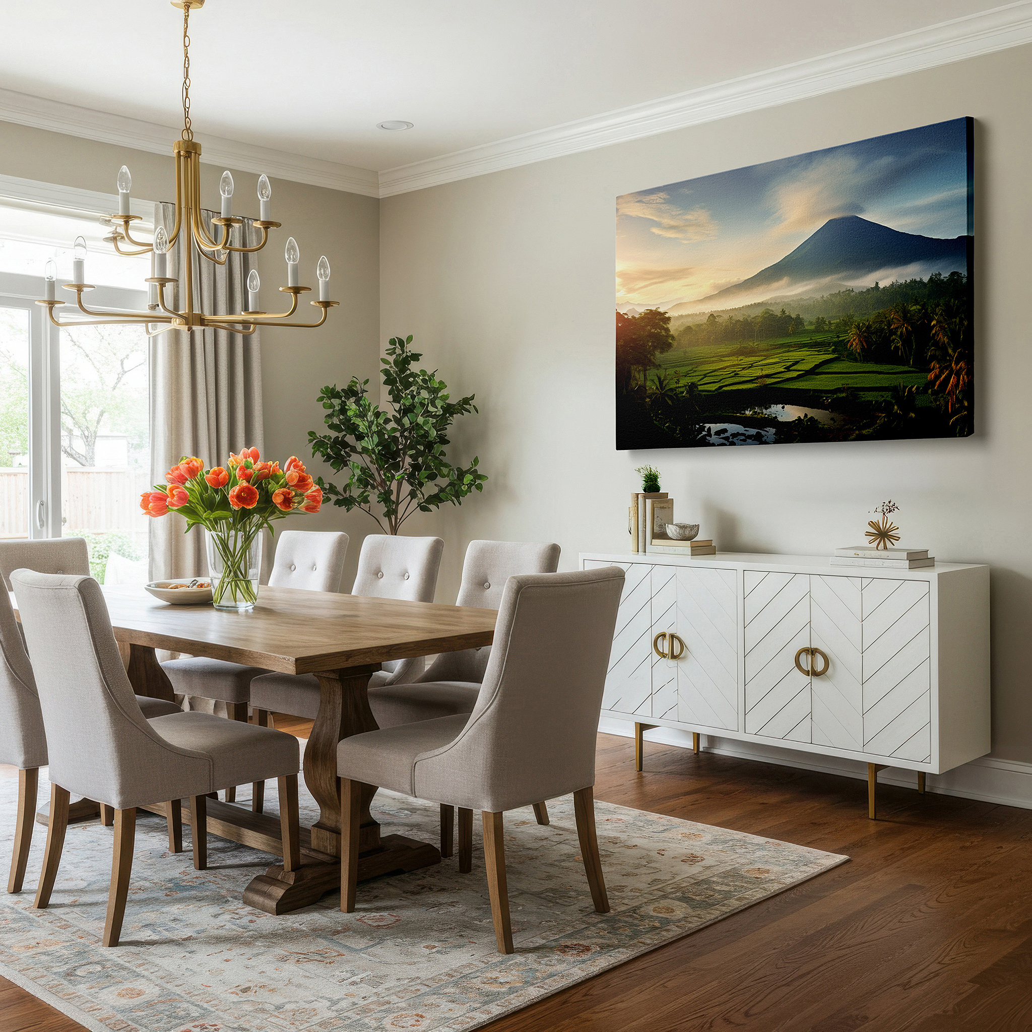 Bold and expansive at 90×60 cm — ideal for making a statement above large furniture — volcanic dawn majesty: lush landscapes and golden light large canvas wall art for home and office decor