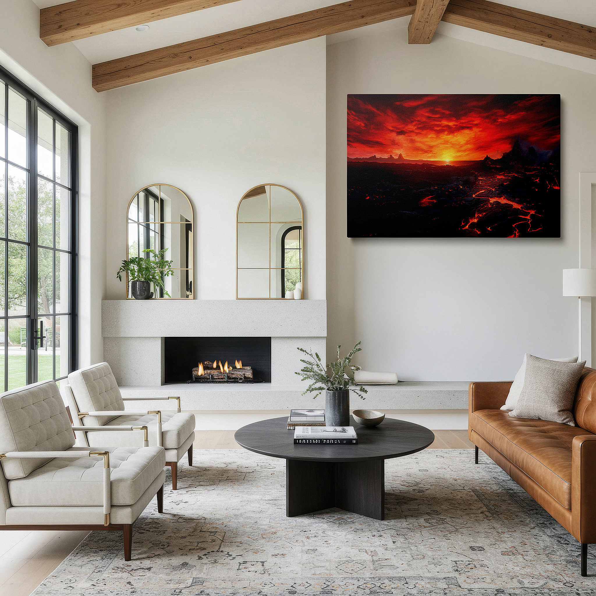 Bold and expansive at 90×60 cm — ideal for making a statement above large furniture — volcanic splendor at twilight: a captivating dance of light and shadow - oversized wall art, canvas art, wall decor, office decor