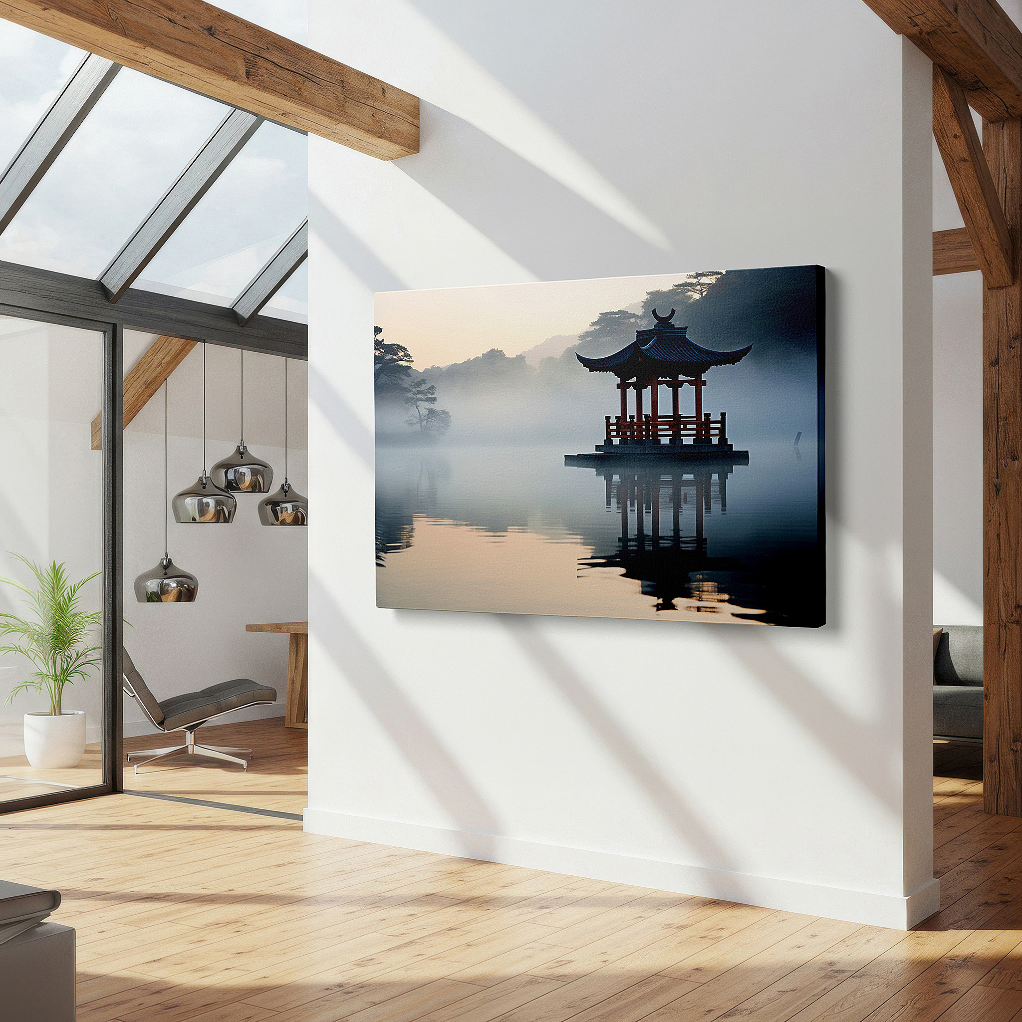 Bold and expansive at 90×60 cm — ideal for making a statement above large furniture — wall art: "dawn's embrace at the red pavilion" - tranquil reflections on misty waters, large canvas wall art for home and office decor