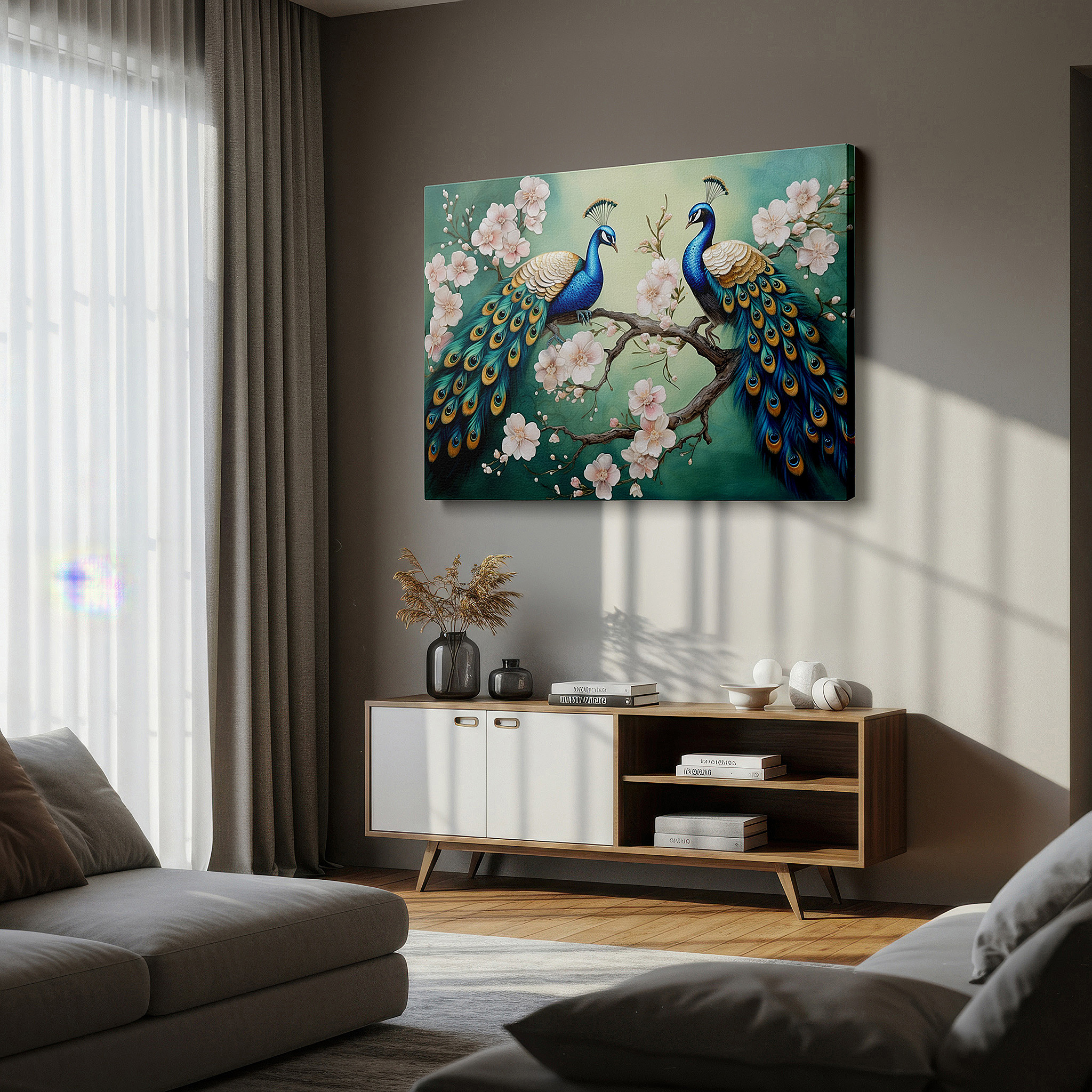 Bold and expansive at 90×60 cm — ideal for making a statement above large furniture — wall art: elegant nature scene with peacocks and cherry blossoms - large canvas art for office and bedroom decor