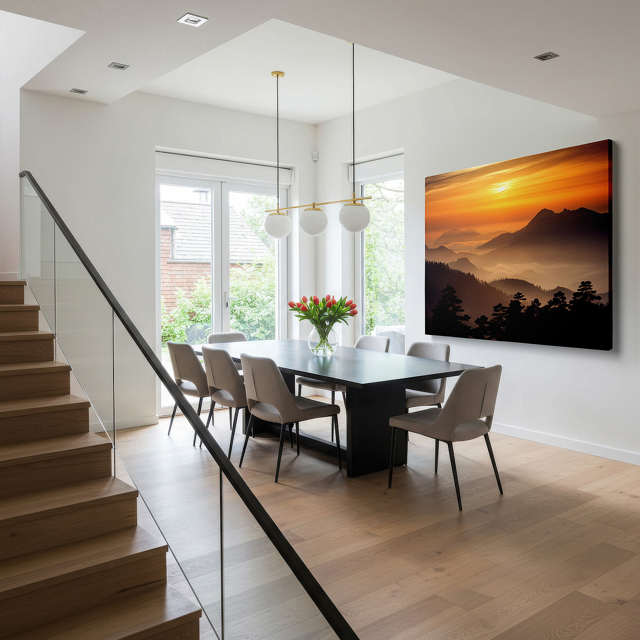 Bold and expansive at 90×60 cm — ideal for making a statement above large furniture — wall art: fiery sunset over rugged peaks - a vivid display of nature's beauty. perfect for office, bedroom, and home decor, available as large canvas wall art.