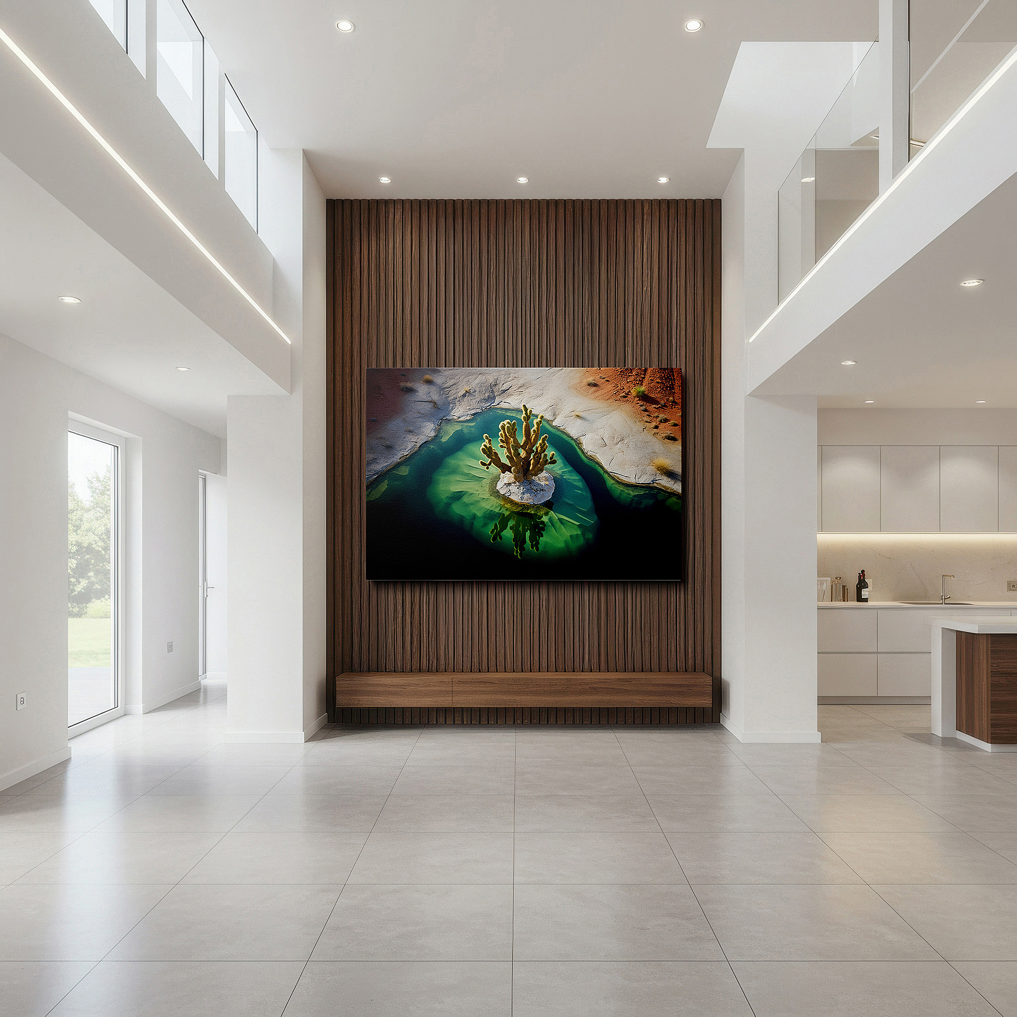 Bold and expansive at 90×60 cm — ideal for making a statement above large furniture — wall art: lone cactus on a rocky island surrounded by turquoise waters - emblem of resilience and elegance. large canvas wall art for home and office decor.