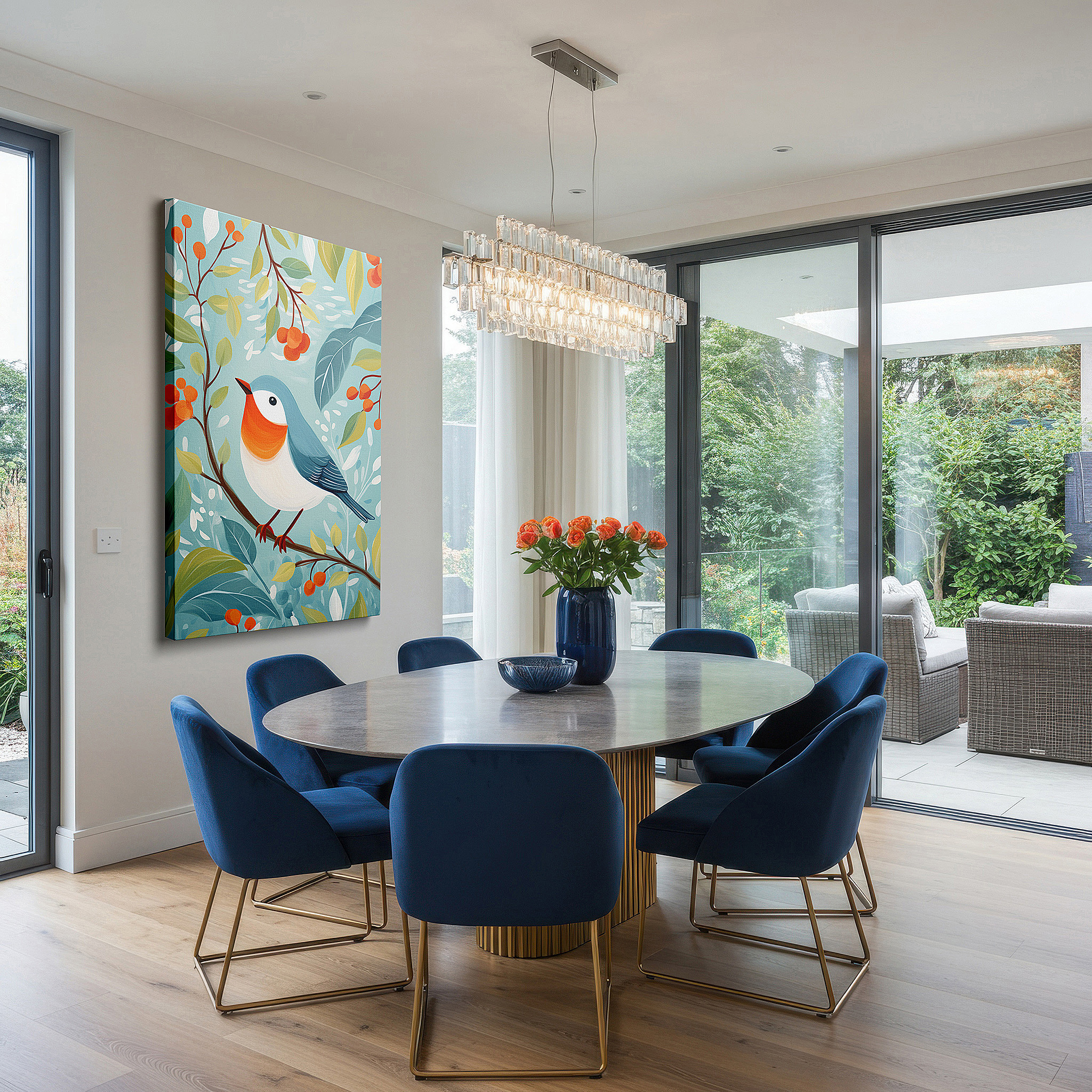 Bold and expansive at 90×60 cm — ideal for making a statement above large furniture — wall art: lush foliage with vivid bird - a tranquil homage to nature's beauty. ideal for office, bedroom, and home decor, available as large canvas wall art.