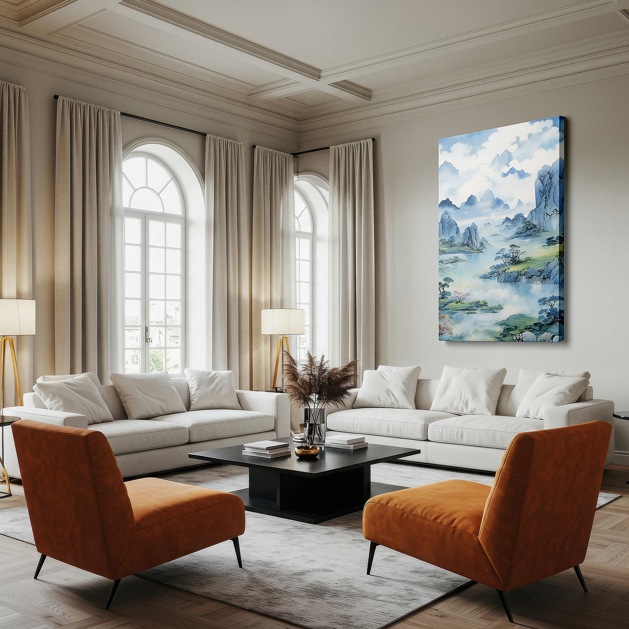 Bold and expansive at 90×60 cm — ideal for making a statement above large furniture — wall art: majestic peaks and serene streams in misty tones - a sanctuary of calm. large canvas wall art for office and bedroom decor.