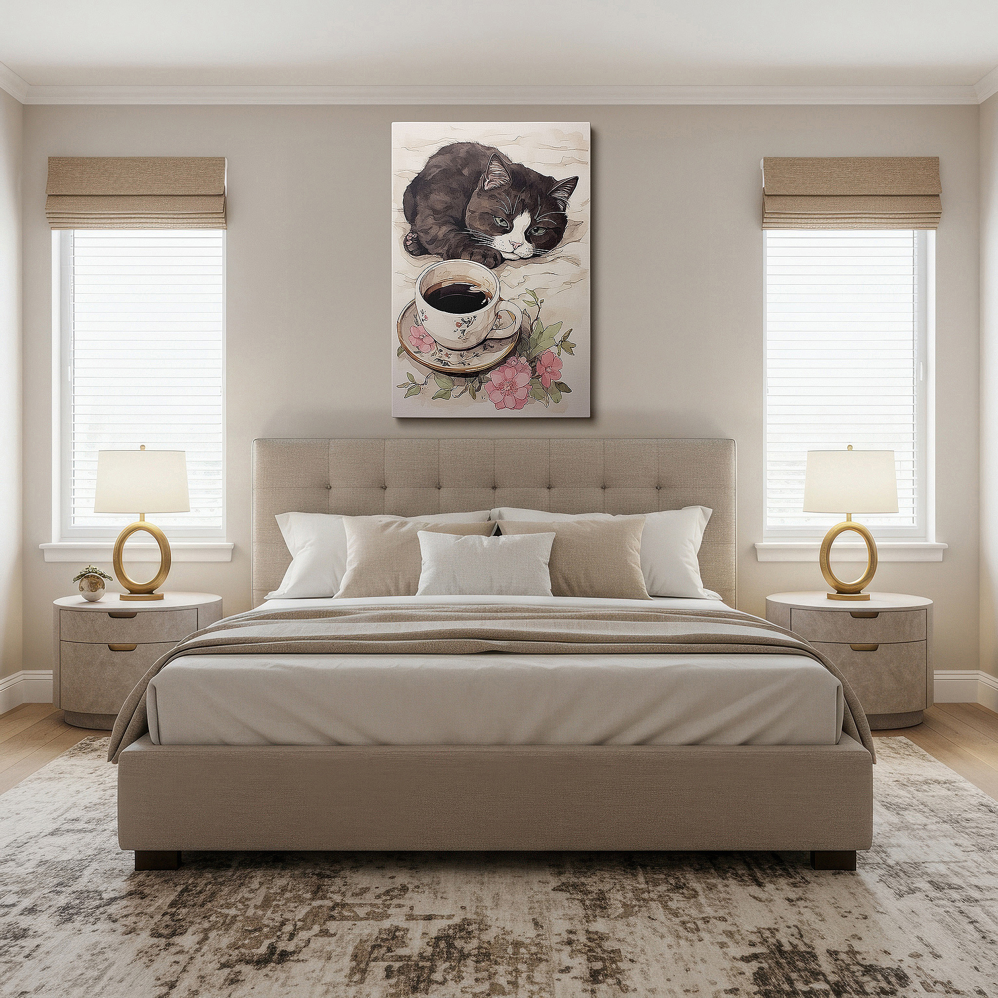 Bold and expansive at 90×60 cm — ideal for making a statement above large furniture — wall art: peaceful apathy featuring a cat and flower-adorned coffee cup, tranquil haven large canvas art, home and office decor for living room and bedroom