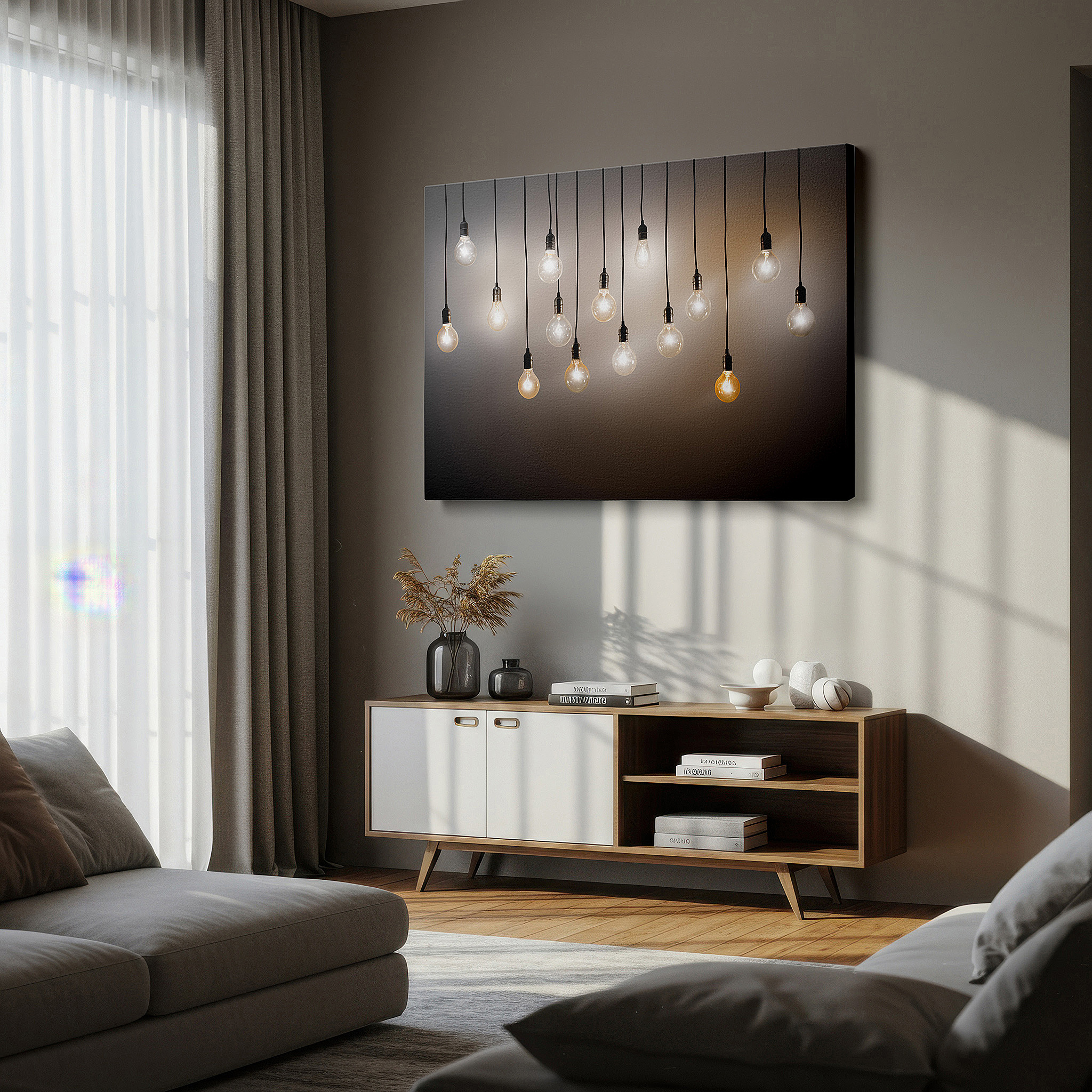 Bold and expansive at 90×60 cm — ideal for making a statement above large furniture — wall art: radiant display of suspended light bulbs, combining antique appeal with contemporary style - large canvas wall art for home and office decor