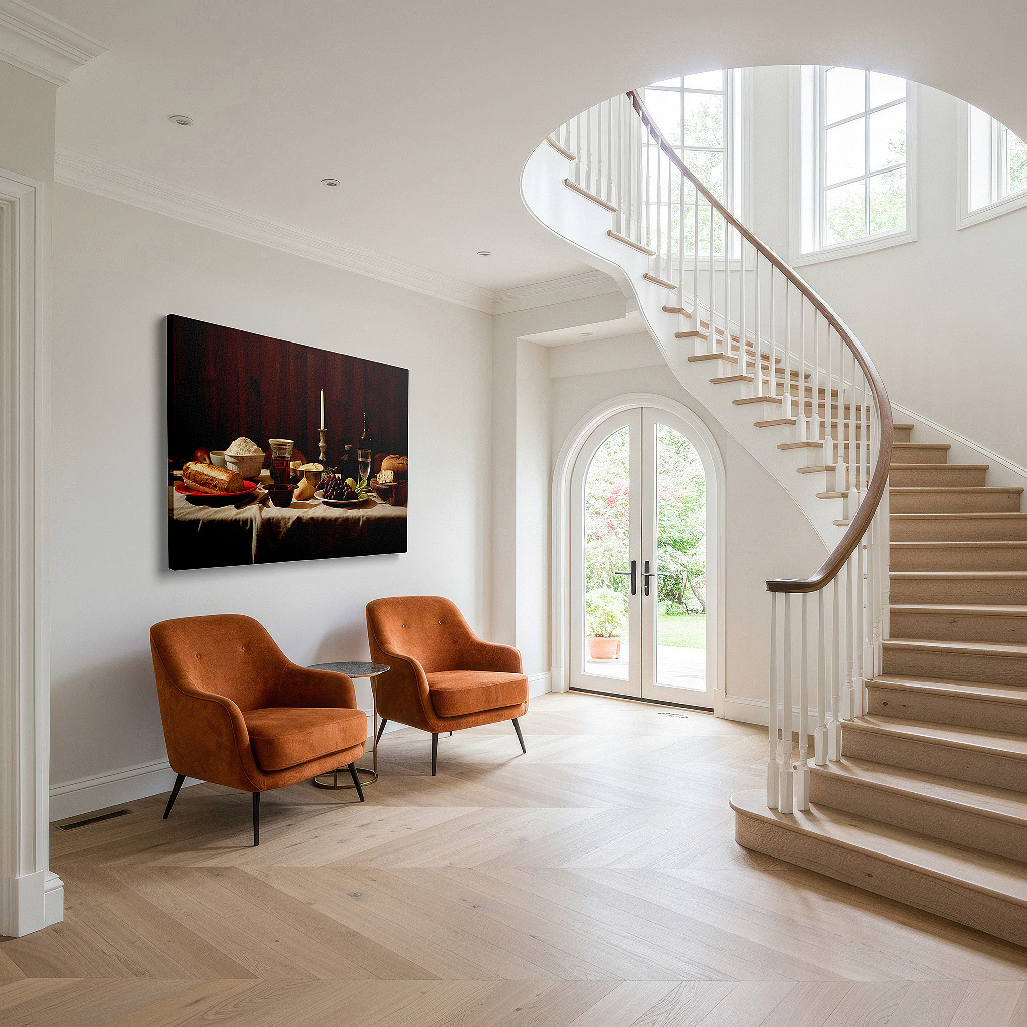 Bold and expansive at 90×60 cm — ideal for making a statement above large furniture — wall art: a sensory feast featuring golden bread and glowing wine - large canvas wall art for dining rooms, offices, and bedrooms