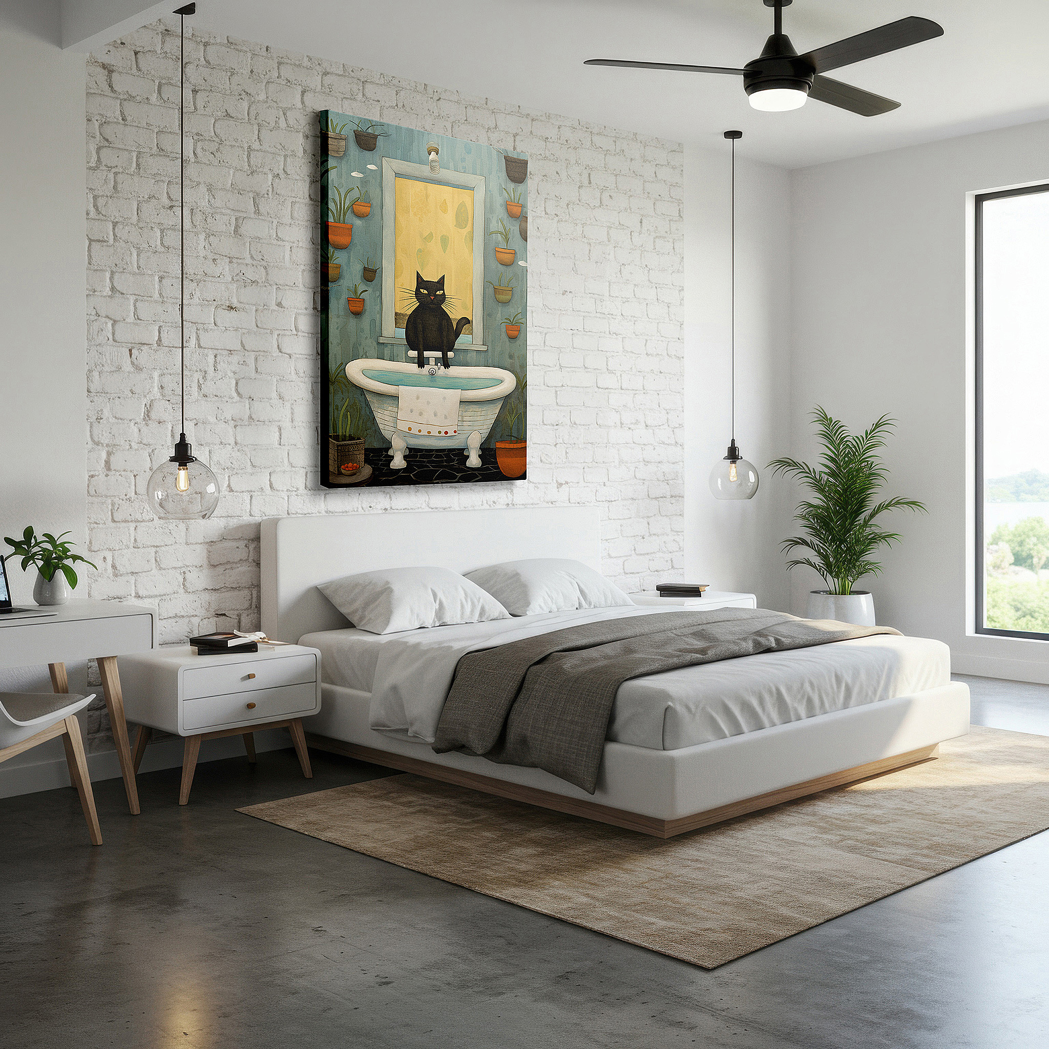 Bold and expansive at 90×60 cm — ideal for making a statement above large furniture — wall art: serene beauty featuring a black cat on a bathtub surrounded by verdant plants and gentle lighting - large canvas wall art for home and office decor