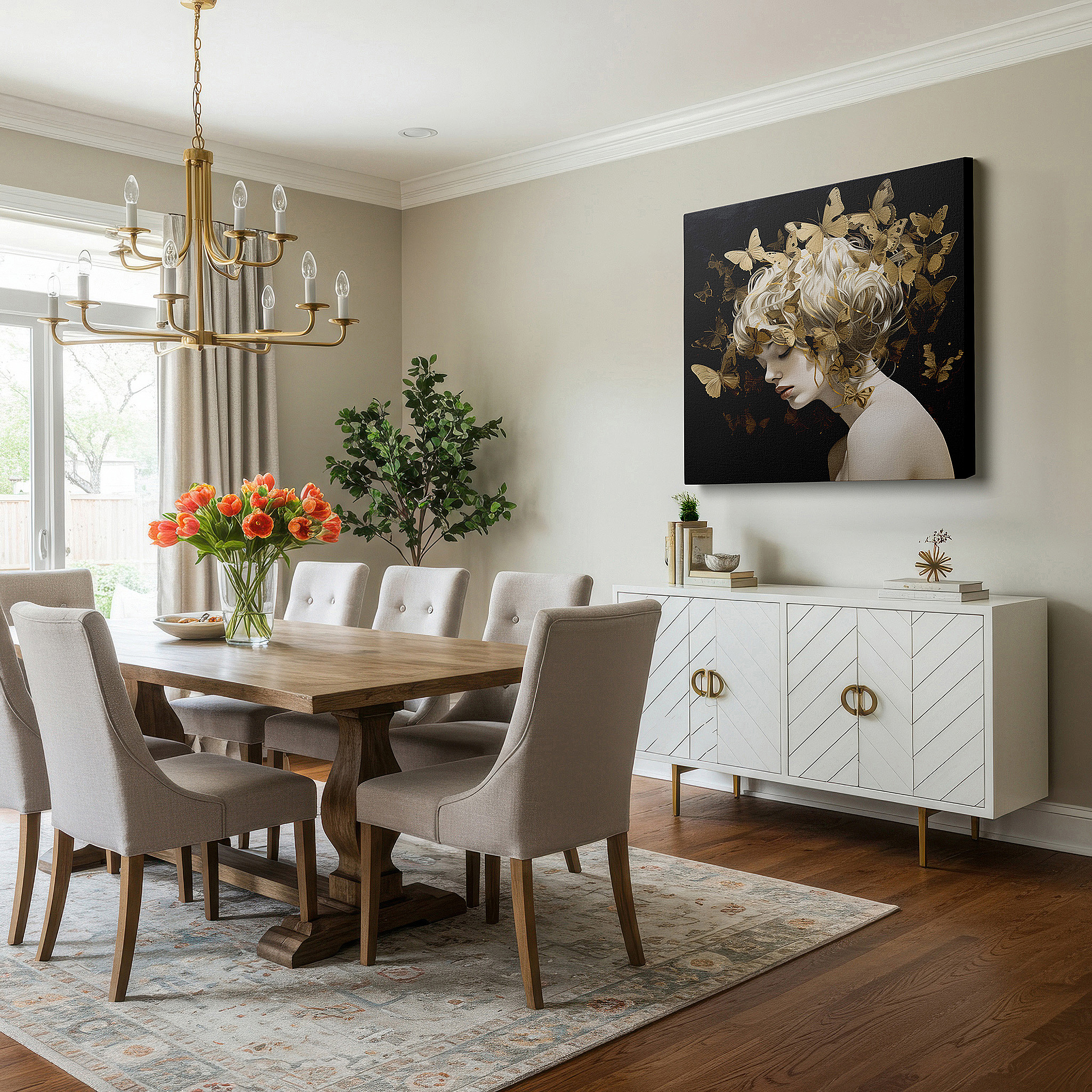 Bold and expansive at 90×60 cm — ideal for making a statement above large furniture — wall art: serene and mystical woman adorned with golden butterflies - large canvas art for home and office decor, ideal for living room and bedroom