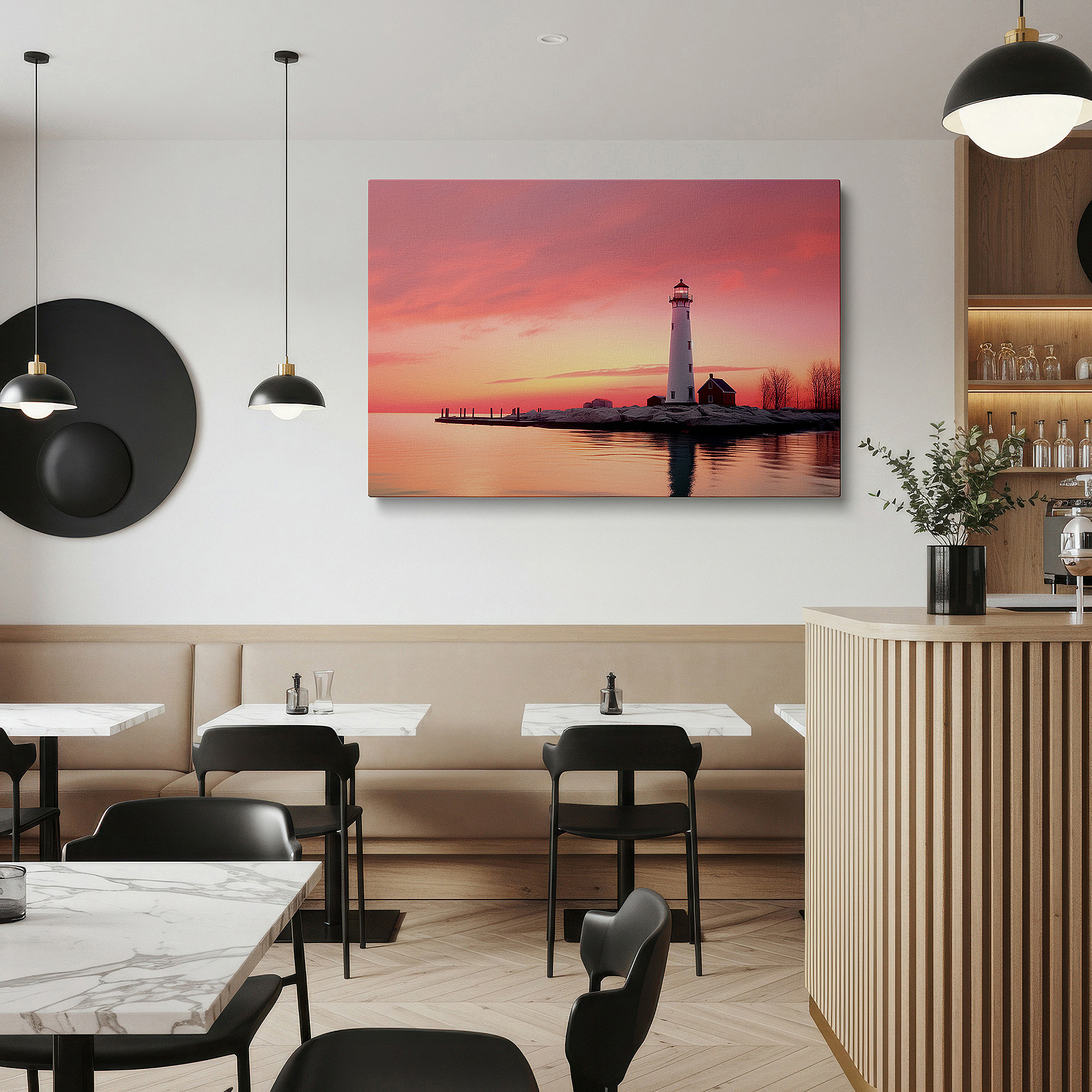 Bold and expansive at 90×60 cm — ideal for making a statement above large furniture — wall art: serene white lighthouse at sunset - a symbol of peace and hope, large canvas wall art for office and bedroom decor