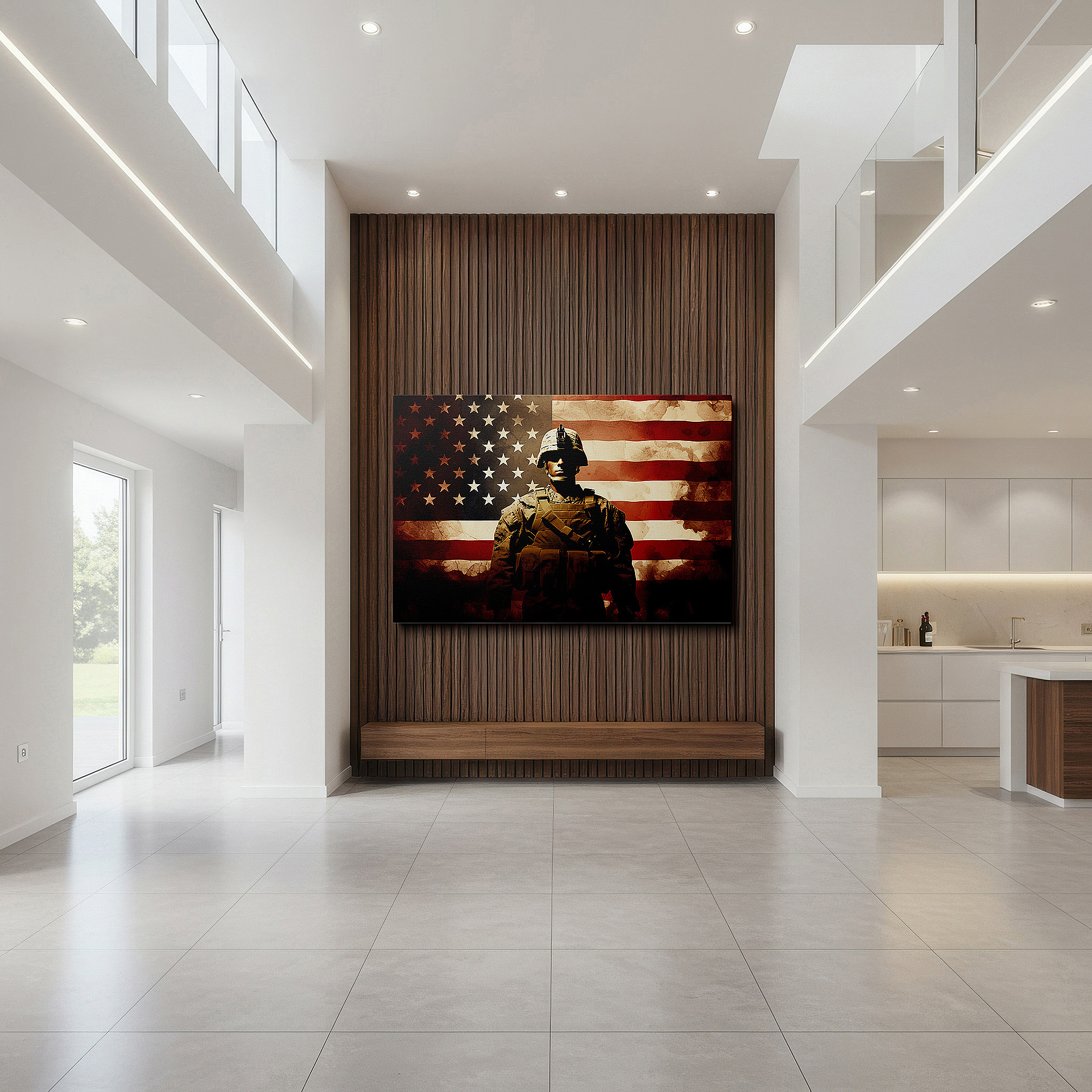 Bold and expansive at 90×60 cm — ideal for making a statement above large furniture — wall art: soldier silhouette and american flag - celebrating bravery, sacrifice, and patriotism. large canvas wall decor.
