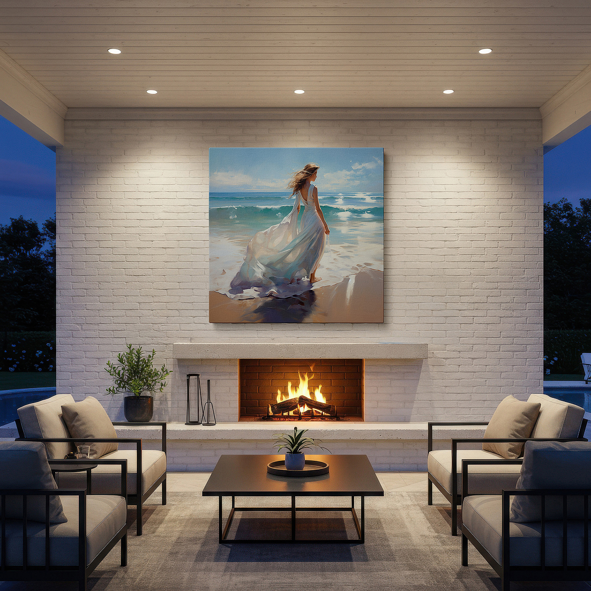 Bold and expansive at 90×60 cm — ideal for making a statement above large furniture — wall art: a solitary figure in white on a sunlit shoreline - experience tranquility and connection with nature. ideal for home or office decor, available as large canvas wall art.