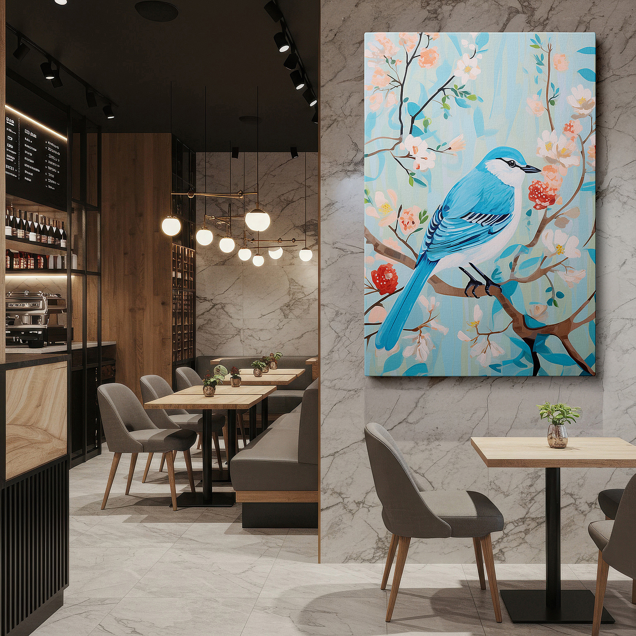 Bold and expansive at 90×60 cm — ideal for making a statement above large furniture — wall art: tranquil nature scene featuring a blue bird on a flower-filled branch - large canvas wall art for office and bedroom decor