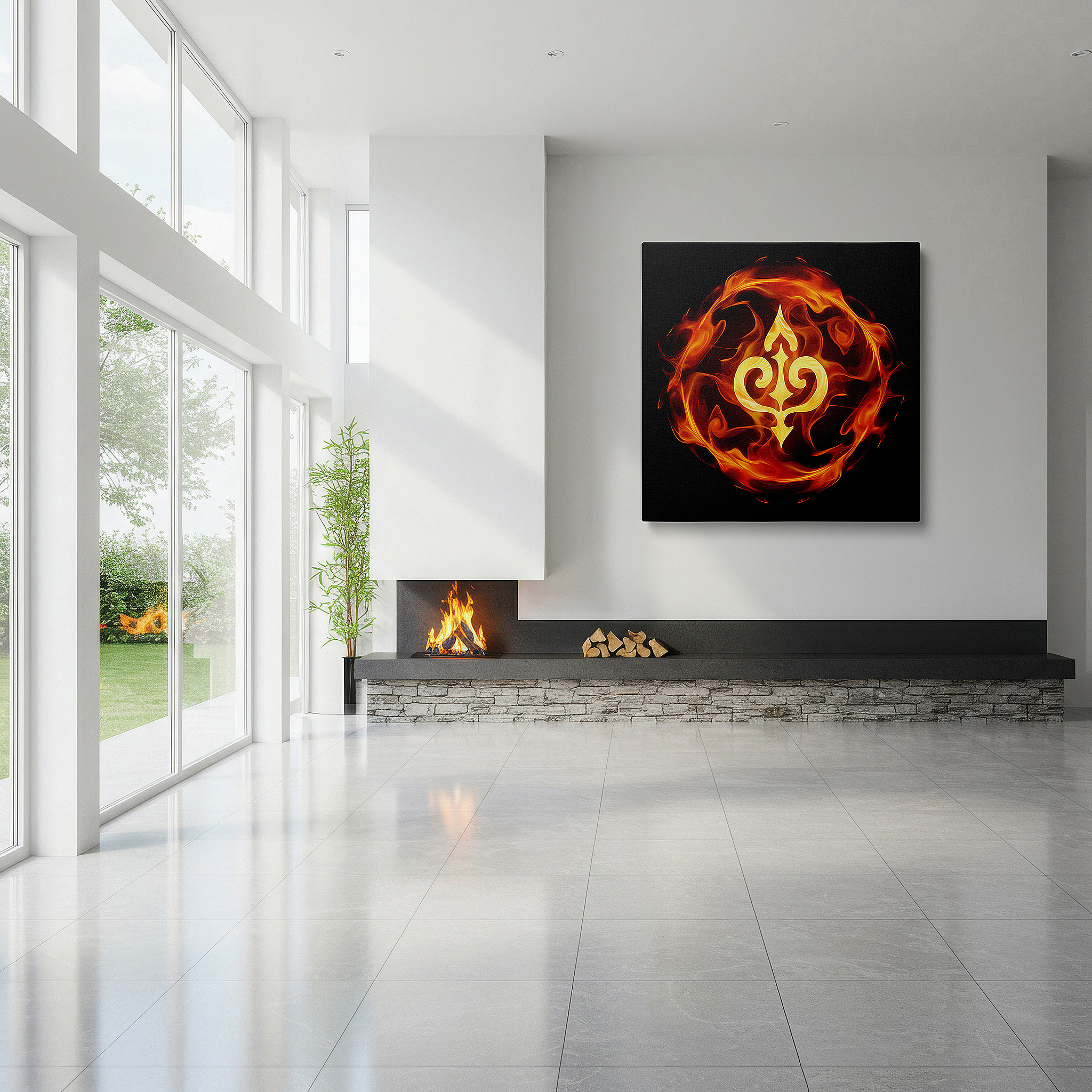 Bold and expansive at 90×60 cm — ideal for making a statement above large furniture — wall decor: fiery emblem of passion and resilience, symbolizing dynamic intensity and motivation - large canvas art for office decor
