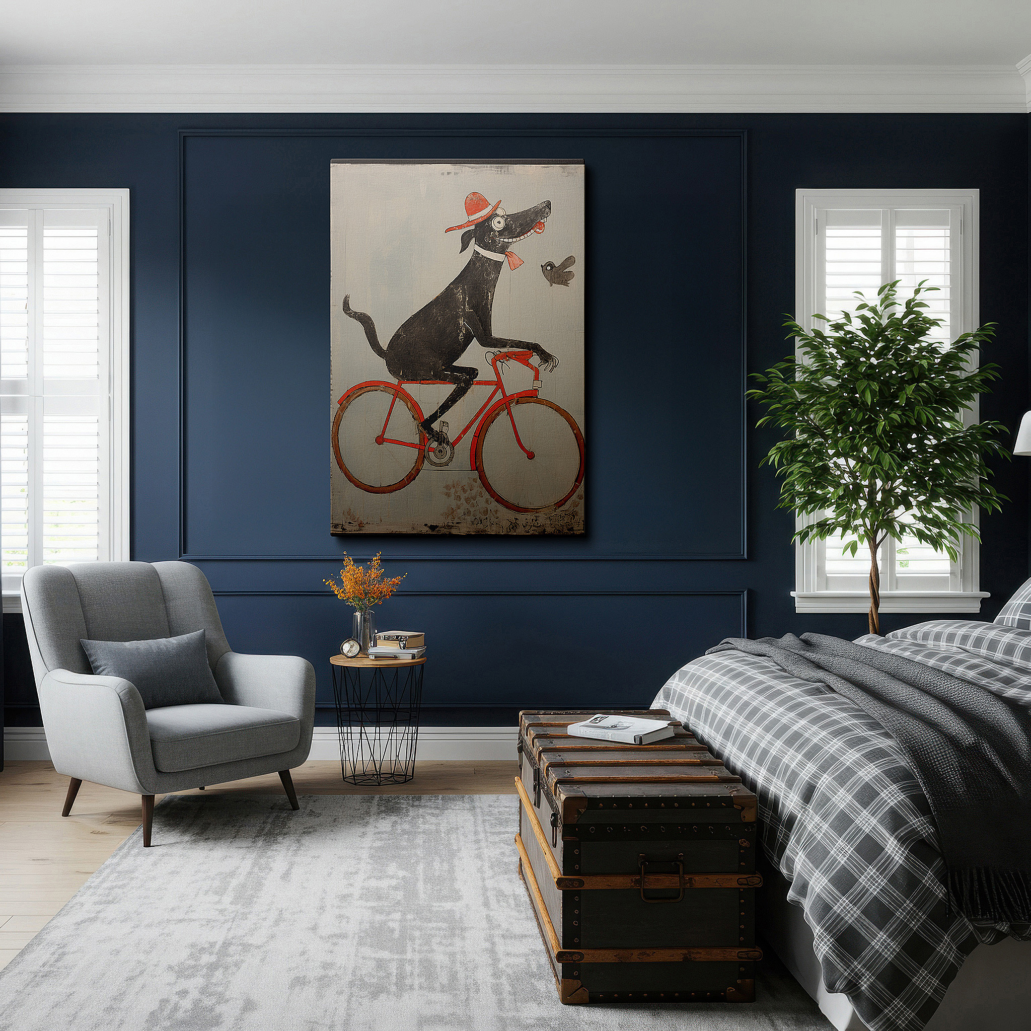 Bold and expansive at 90×60 cm — ideal for making a statement above large furniture — wall decor: joyful black dog on an orange bicycle with a red hat - large canvas art for office and bedroom
