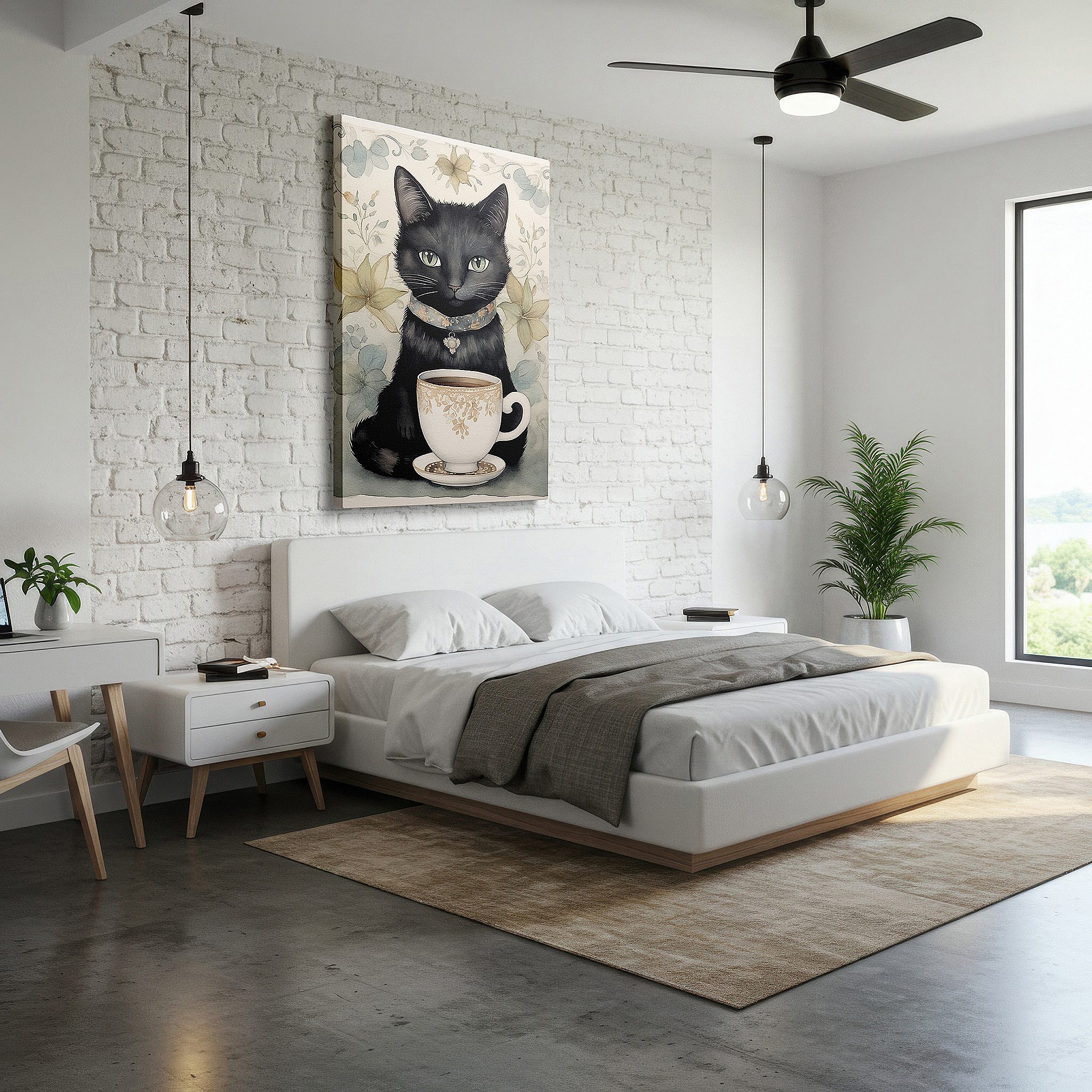 Bold and expansive at 90×60 cm — ideal for making a statement above large furniture — wall decor: sleek black cat and ornate jeweled cup - large canvas art for office and bedroom