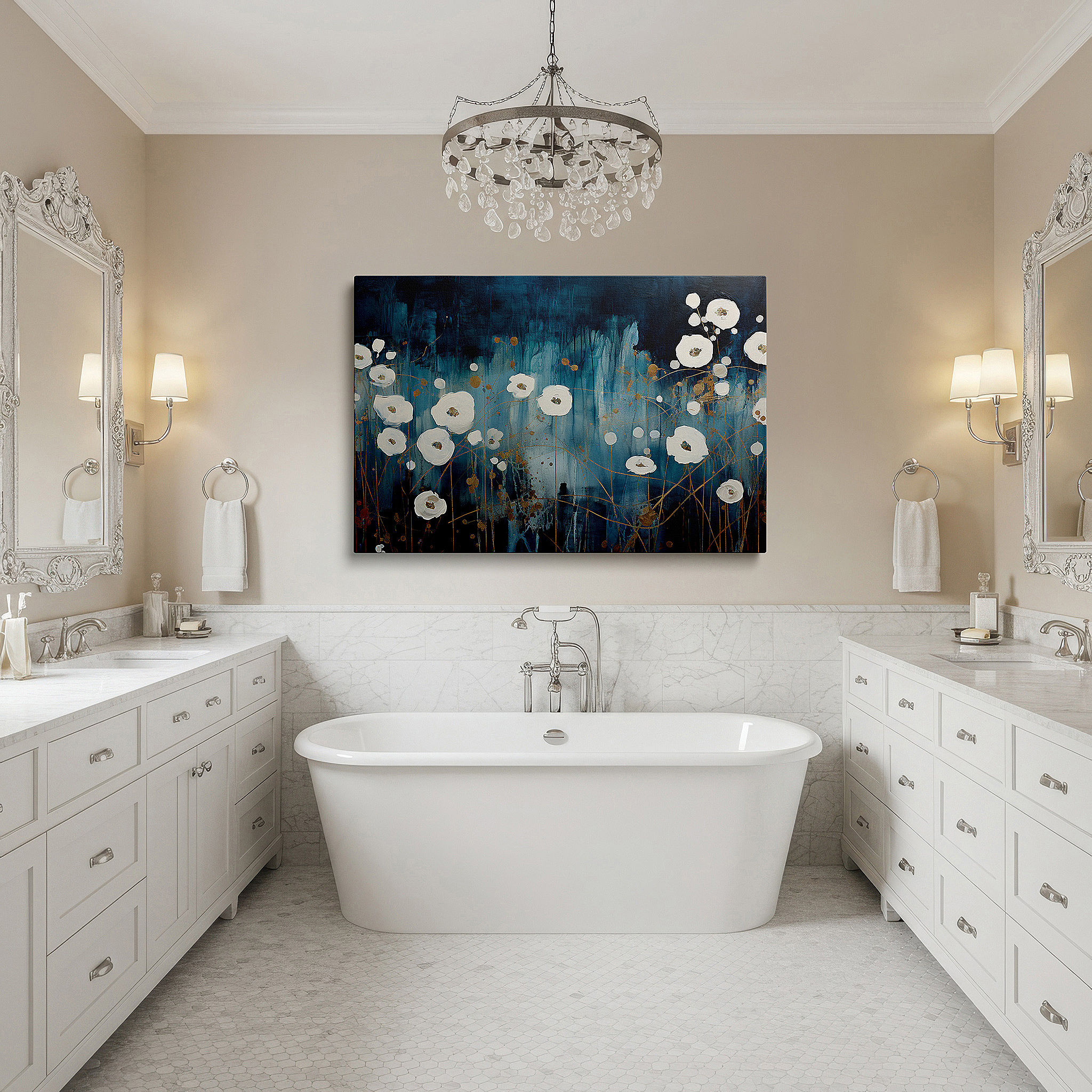 Bold and expansive at 90×60 cm — ideal for making a statement above large furniture — white flowers on deep blue background: abstract floral elegance and bold expression, large canvas wall art for office decor
