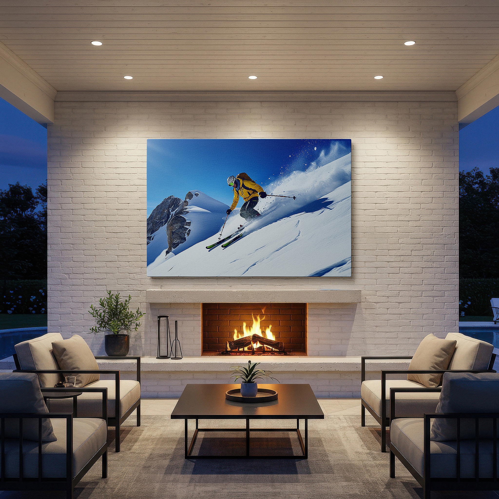 Bold and expansive at 90×60 cm — ideal for making a statement above large furniture — winter sports excitement: skier on snow-covered mountain with bright blue sky - large canvas wall art for home and office decor