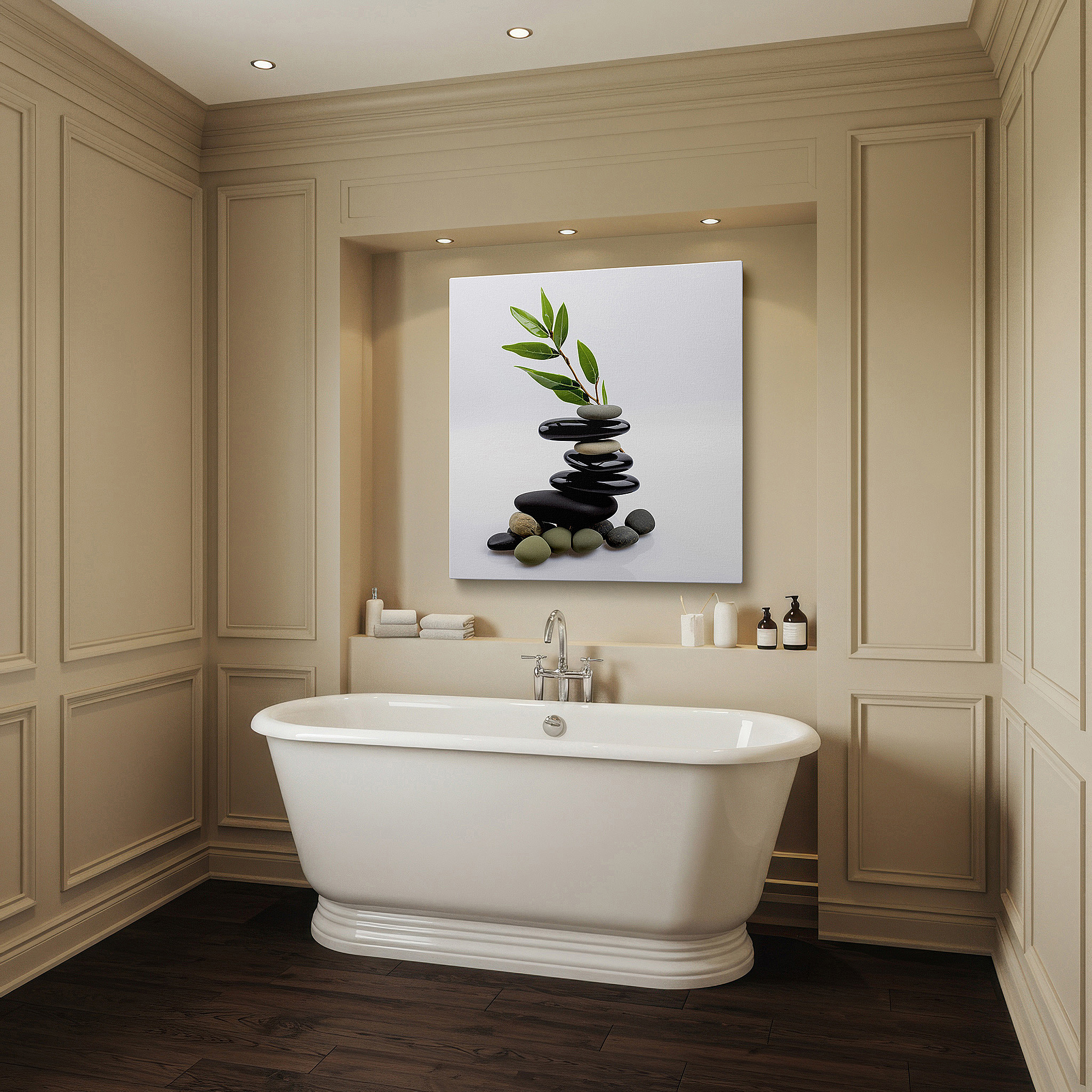 Bold and expansive at 90×60 cm — ideal for making a statement above large furniture — zen stones and vibrant leaves wall art: embrace serenity and mindfulness with this large canvas, perfect for office or bedroom decor