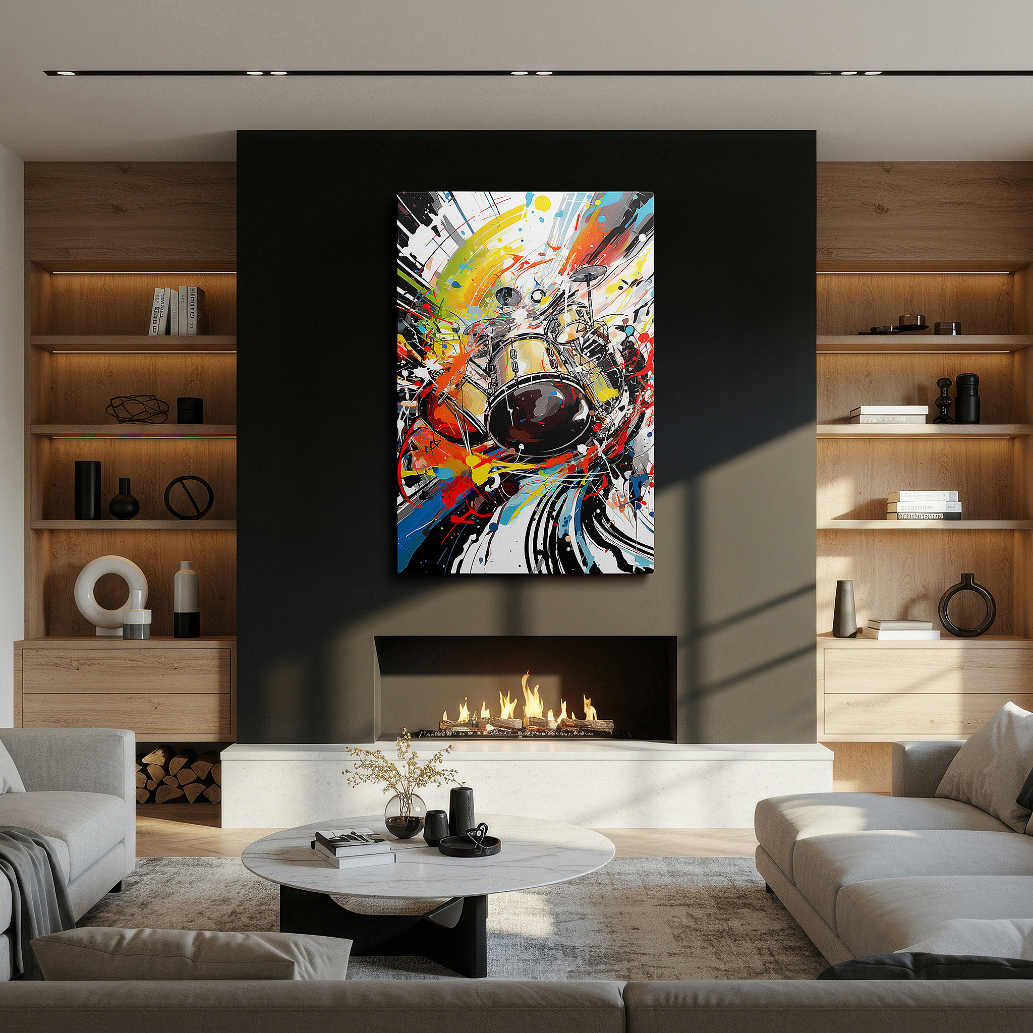 Close-up shows rich pigment, color blending, and brushwork texture — abstract drum set surrounded by vibrant swirls, embodying the spirit of live music, large canvas wall art for home and office decor