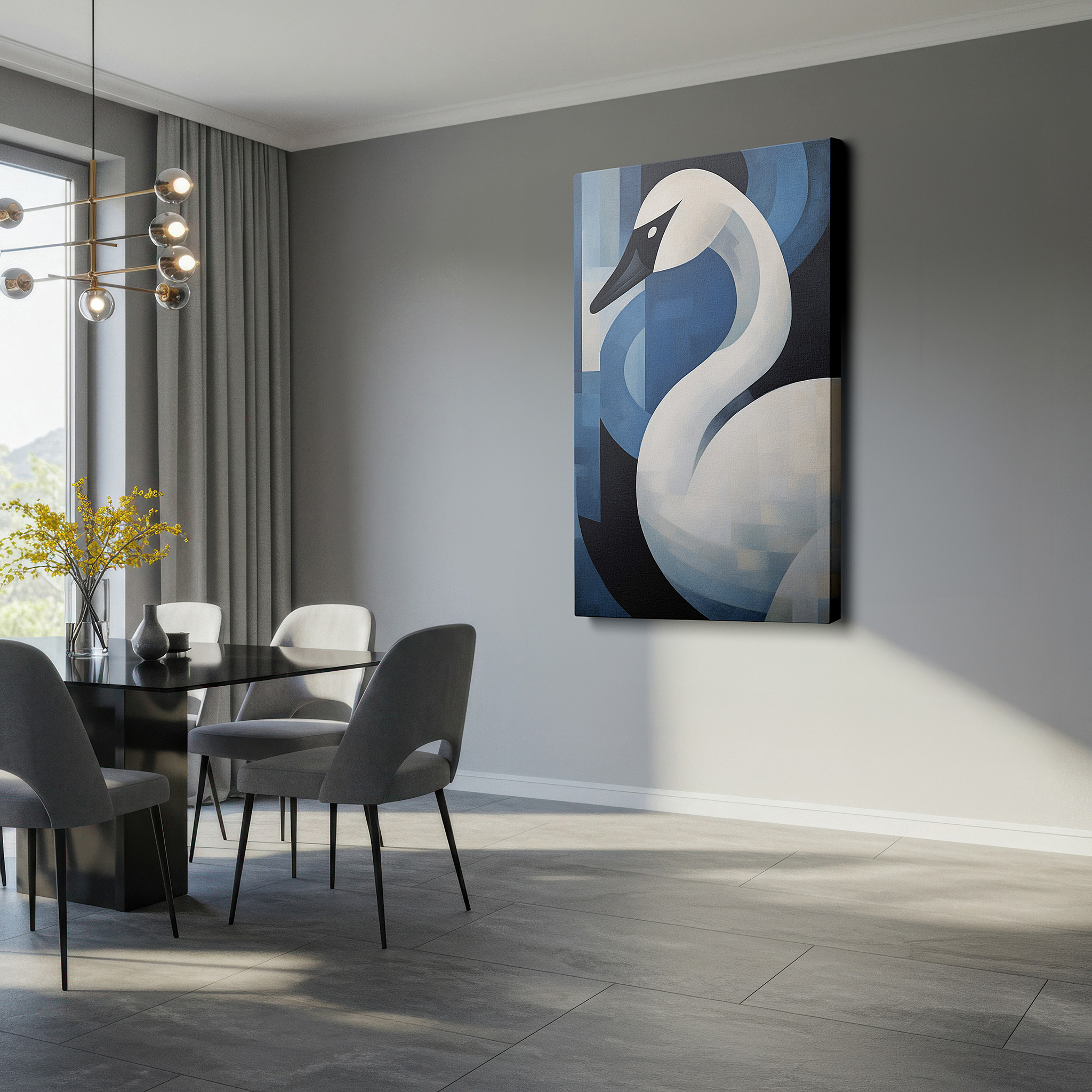 Close-up shows rich pigment, color blending, and brushwork texture — abstract white swan on vivid blue background, modern and sophisticated large wall art, canvas wall art for office decor