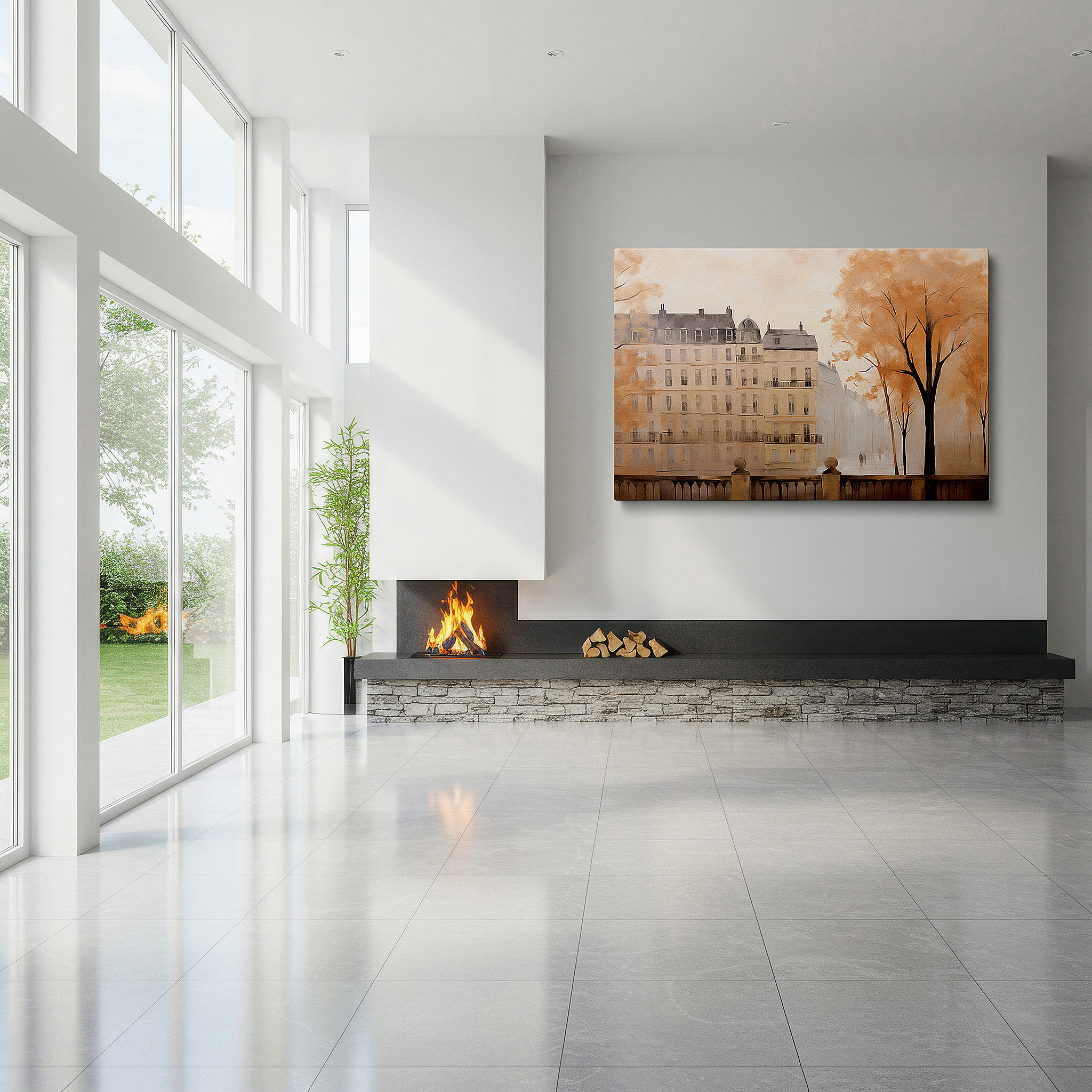 Close-up shows rich pigment, color blending, and brushwork texture — autumn cityscape canvas wall art featuring fiery leaves and cobblestone streets for office and bedroom decor