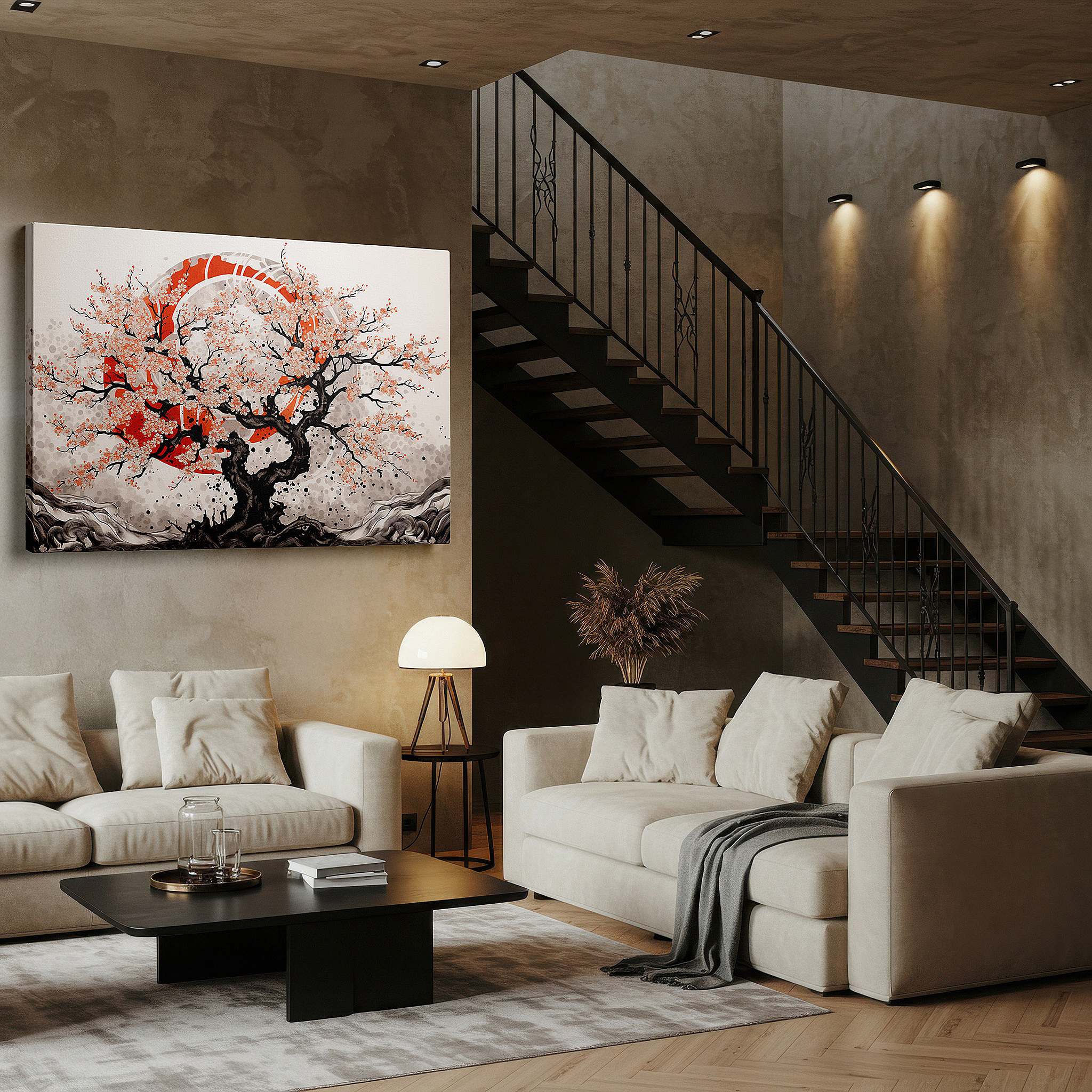 Close-up shows rich pigment, color blending, and brushwork texture — cherry blossom tree at sunset - capturing nature's ephemeral beauty in large canvas wall art