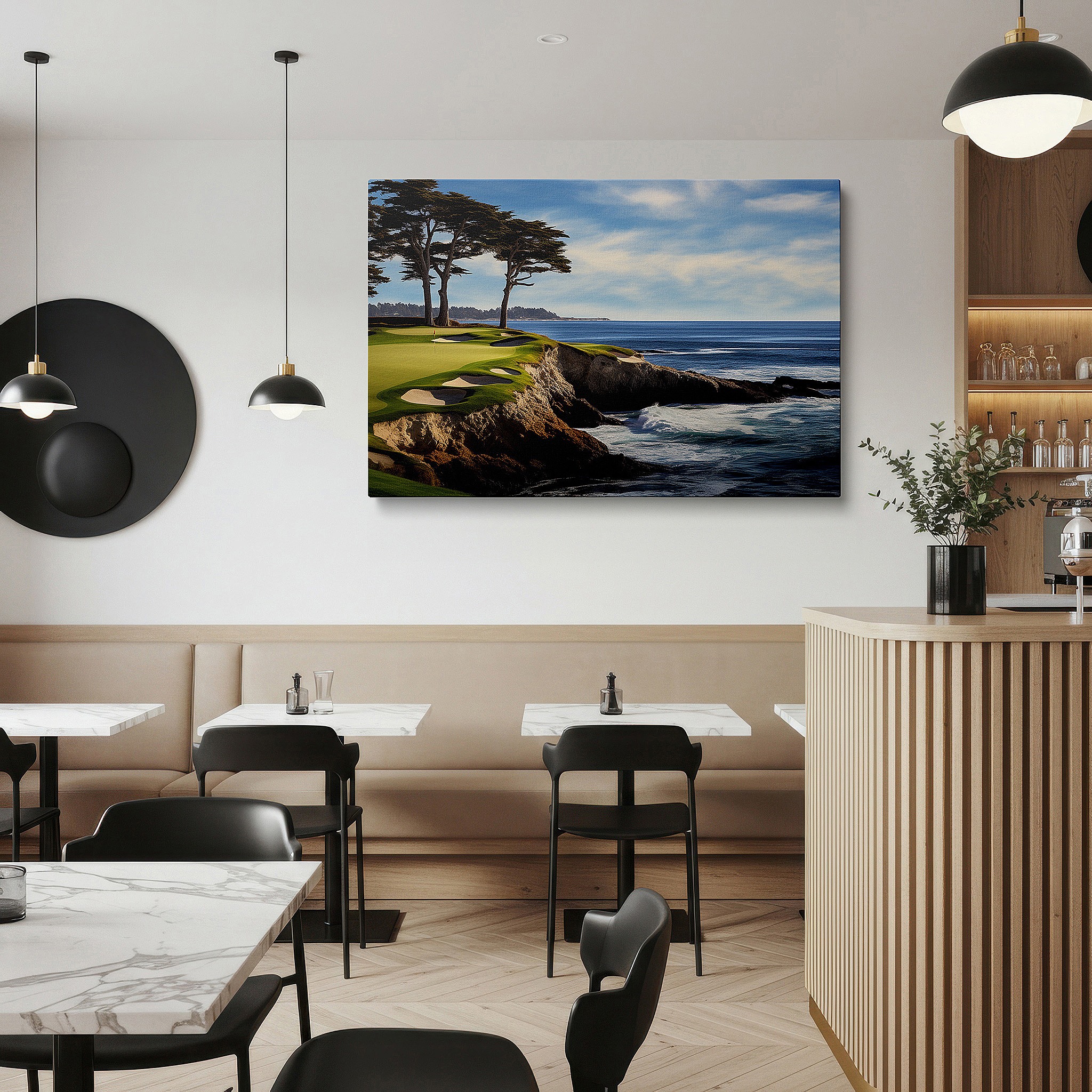 Close-up shows rich pigment, color blending, and brushwork texture — coastal golf course wall art: elegant cliffs and sparkling seas - large canvas for home and office decor, perfect for living room and bedroom