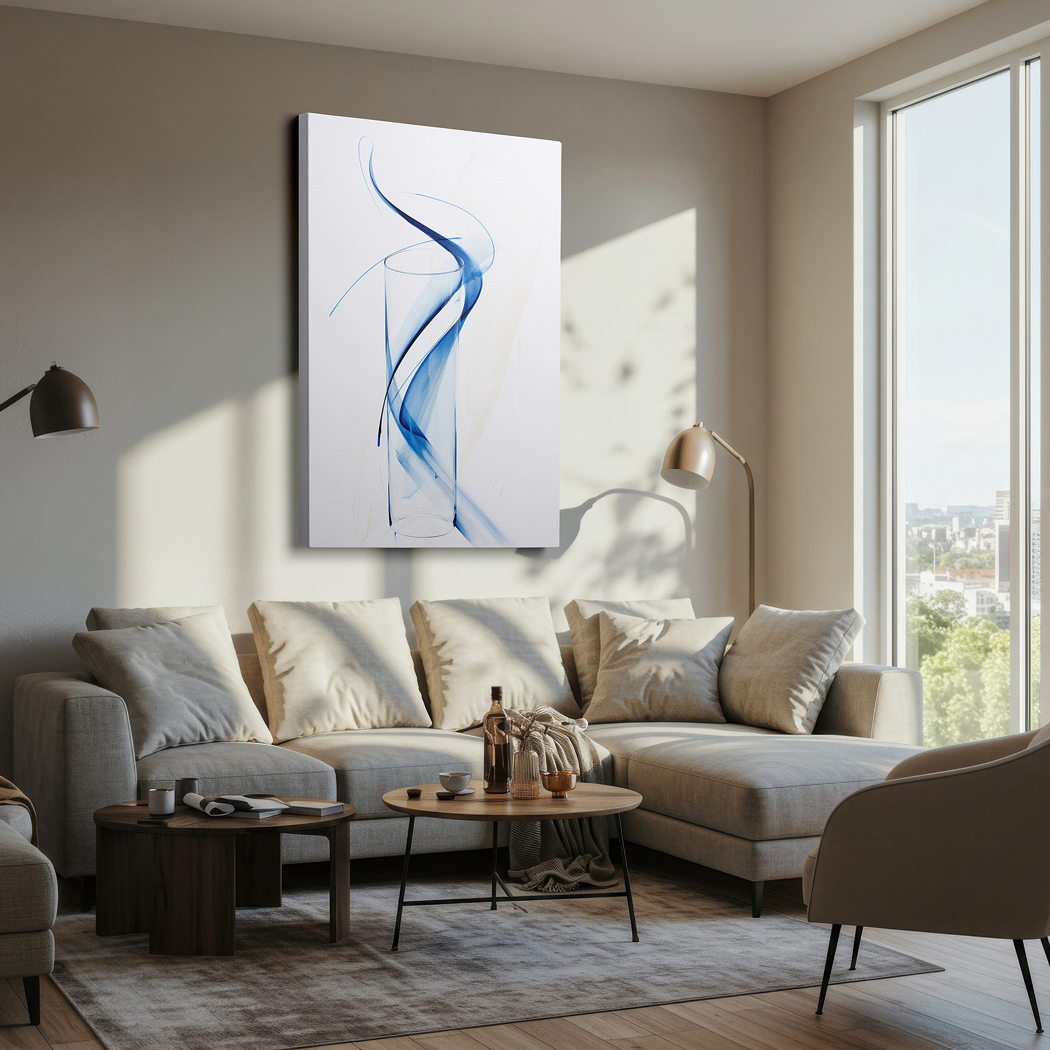 Close-up shows rich pigment, color blending, and brushwork texture — dynamic blue strokes and transparent vessel: a symphony of motion and stillness - large wall art, canvas wall art, wall decor for office and bedroom