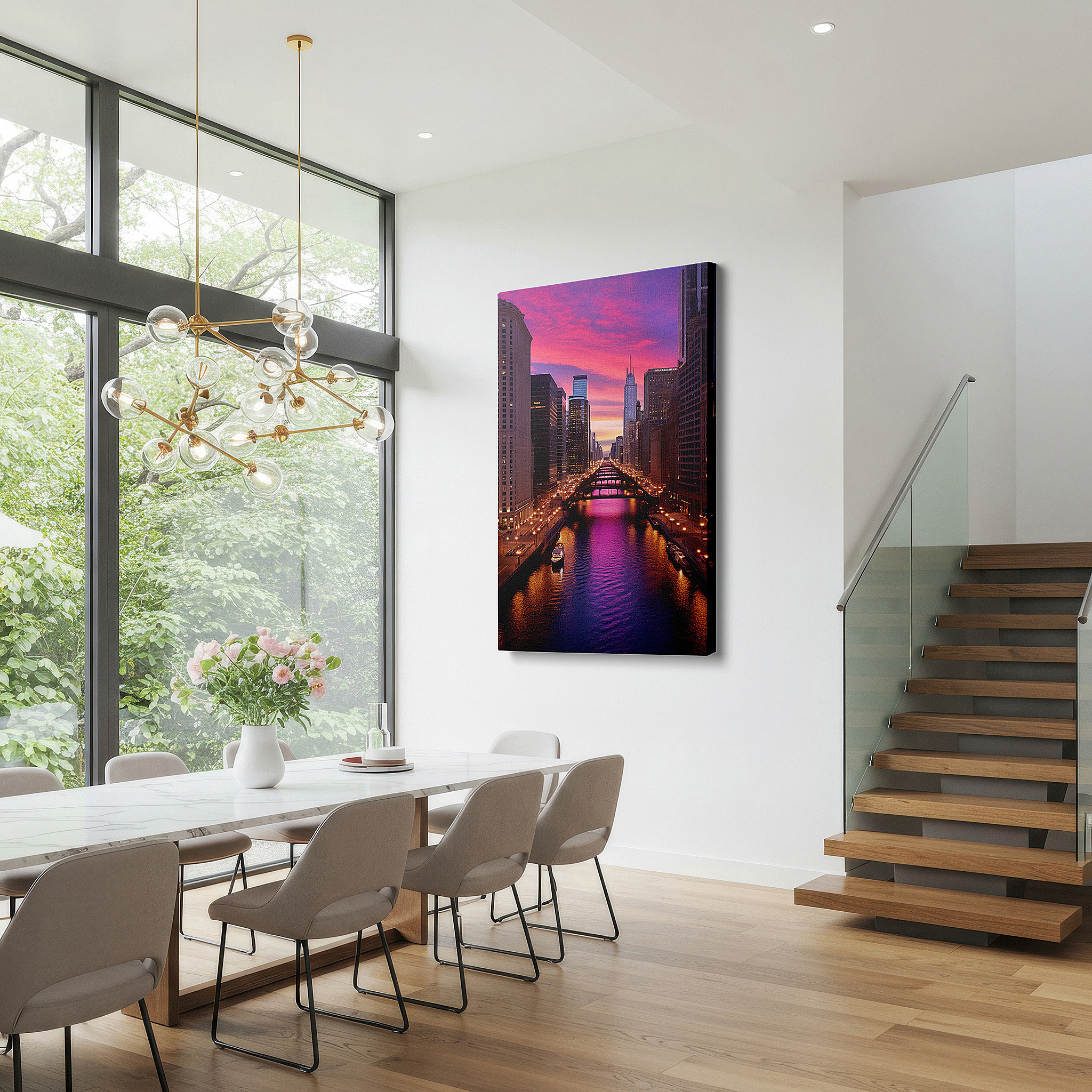 Close-up shows rich pigment, color blending, and brushwork texture — dynamic sunset and skyline reflections over the chicago river - large canvas wall art for office decor