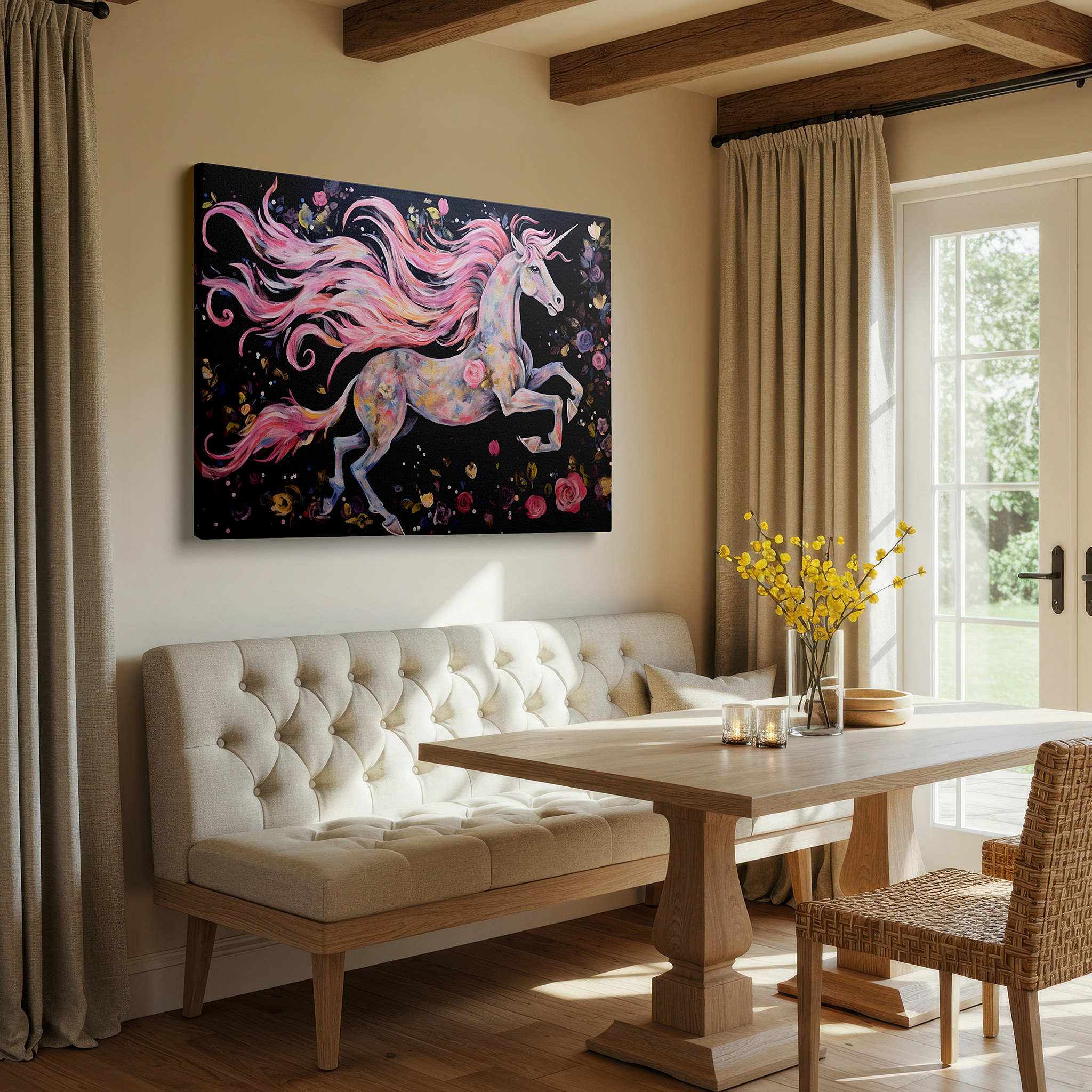 Close-up shows rich pigment, color blending, and brushwork texture — enchanted unicorn in a flower-filled fantasy world: elegant and magical large wall art for office and bedroom decor