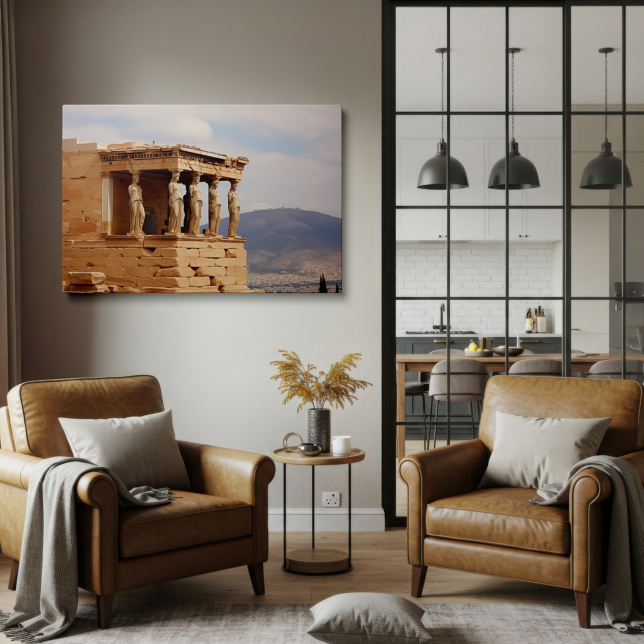 Close-up shows rich pigment, color blending, and brushwork texture — erechtheion's eternal grandeur: classic greek masterpiece featuring iconic caryatids - large wall art, canvas, wall decor, office art