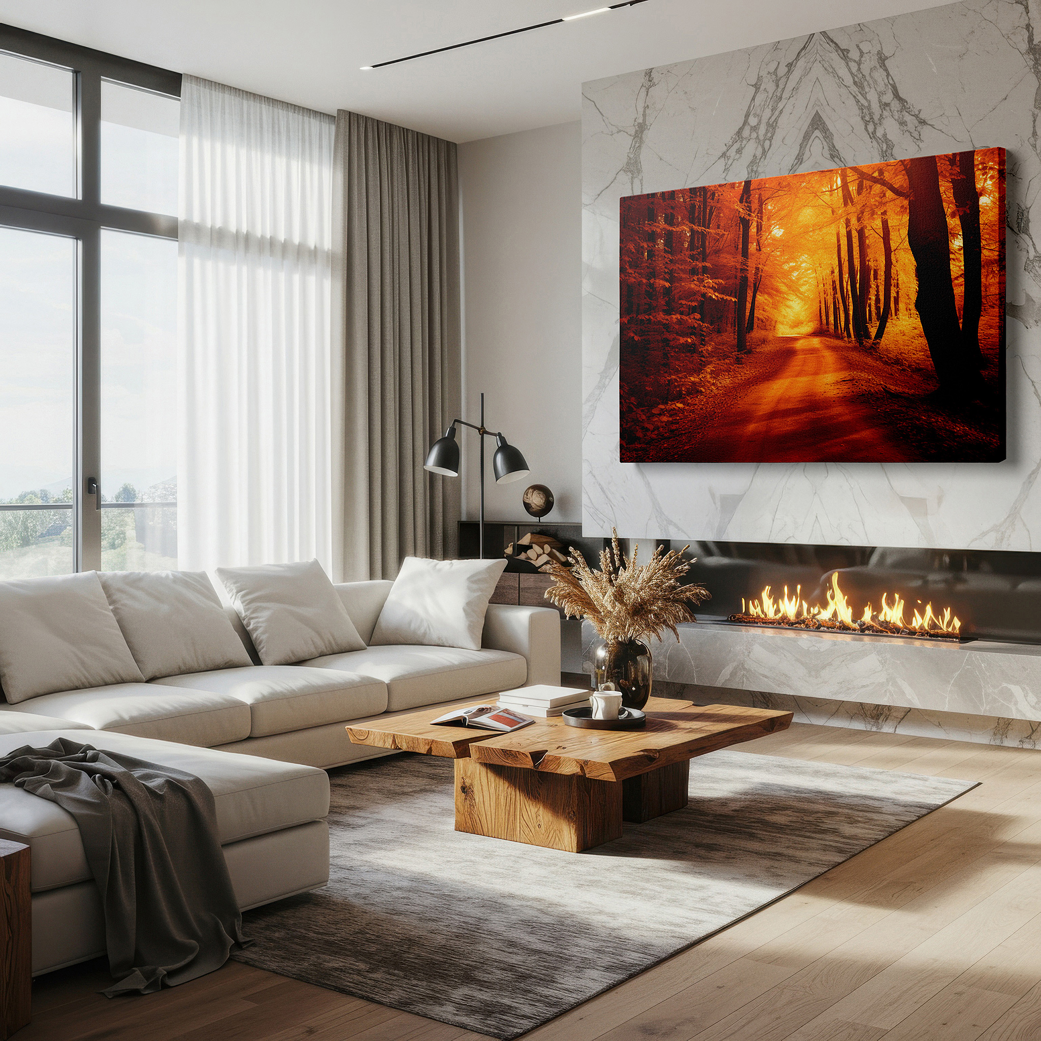Close-up shows rich pigment, color blending, and brushwork texture — fiery autumnal pathway canvas print: serene wall art for office or bedroom decor