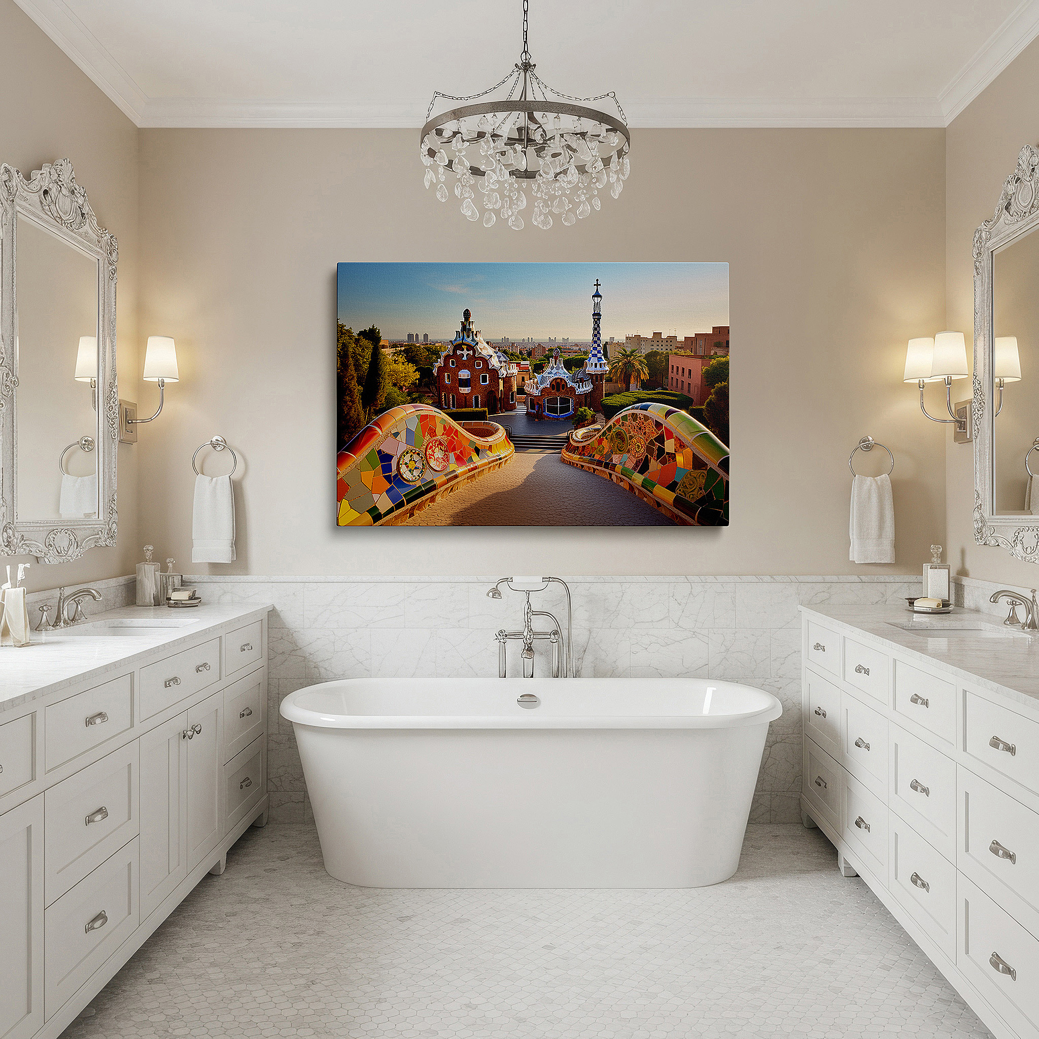 Close-up shows rich pigment, color blending, and brushwork texture — gaudí's surreal park güell vibrant mosaic large wall art, canvas wall decor for office and bedroom