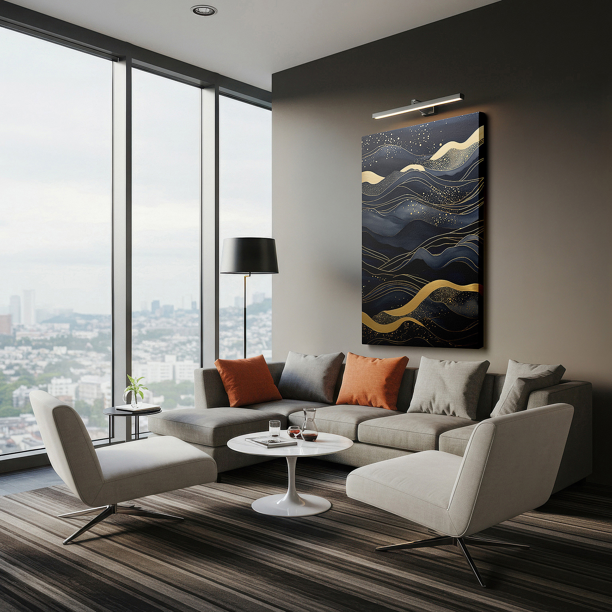 Close-up shows rich pigment, color blending, and brushwork texture — gold and blue dynamic waves: a mesmerizing dance of light and shadow - large canvas wall art for office decor