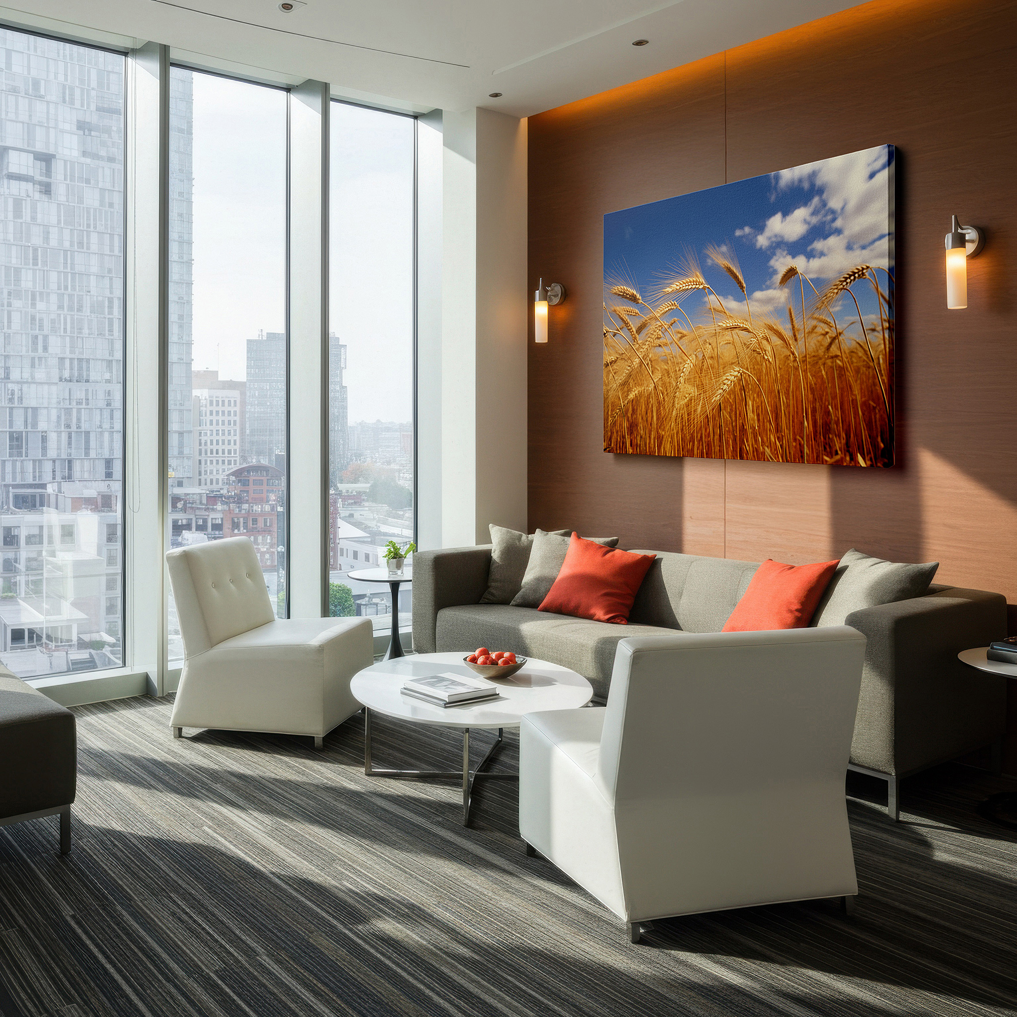 Close-up shows rich pigment, color blending, and brushwork texture — golden wheat field beneath a vibrant blue sky - peaceful blend of earth and sky, large wall art, canvas wall art, wall decor for office and bedroom