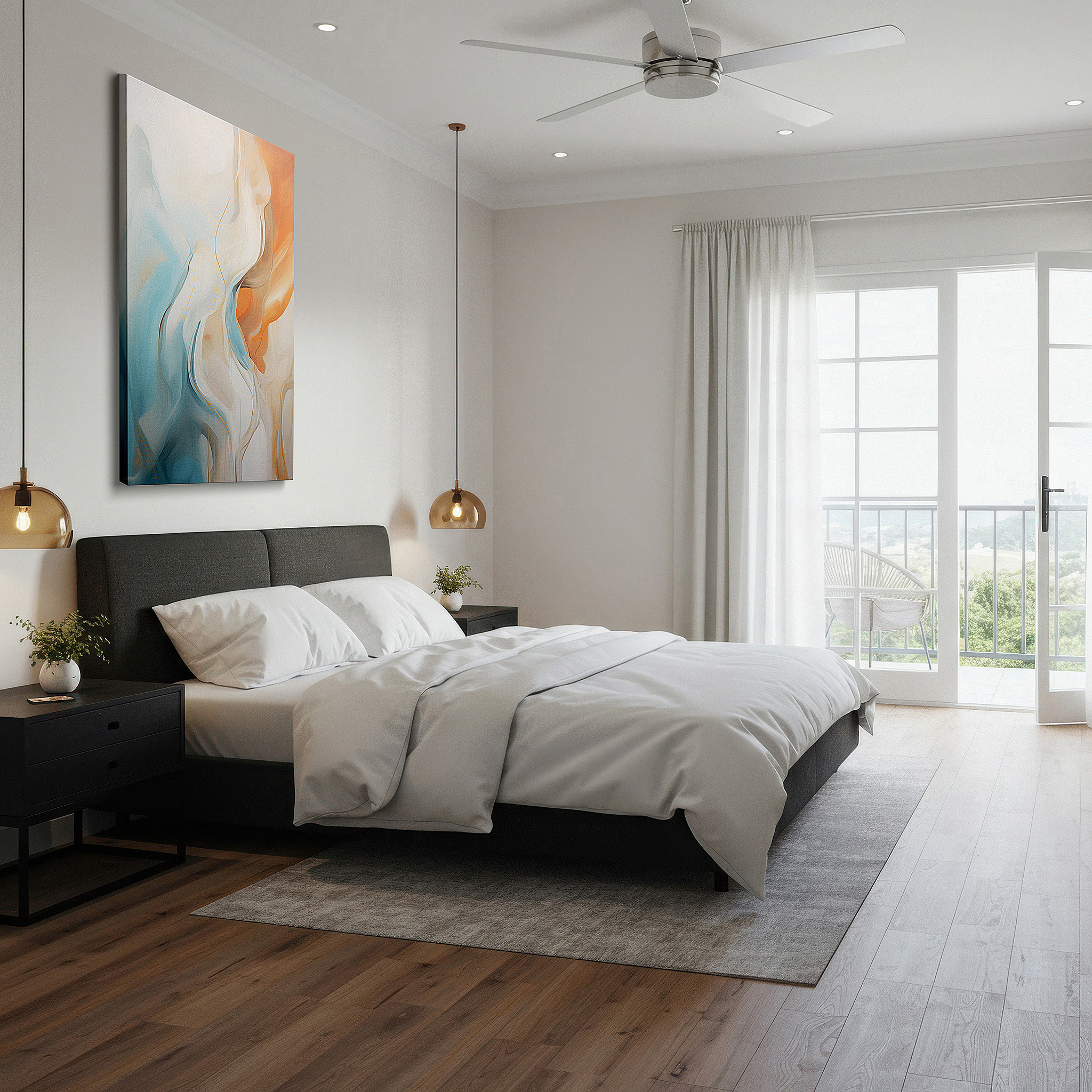 Close-up shows rich pigment, color blending, and brushwork texture — a haven of serenity and contemplation with soft hues and elegant forms: oversized wall art, canvas wall art, wall decor, office wall art, bedroom wall art