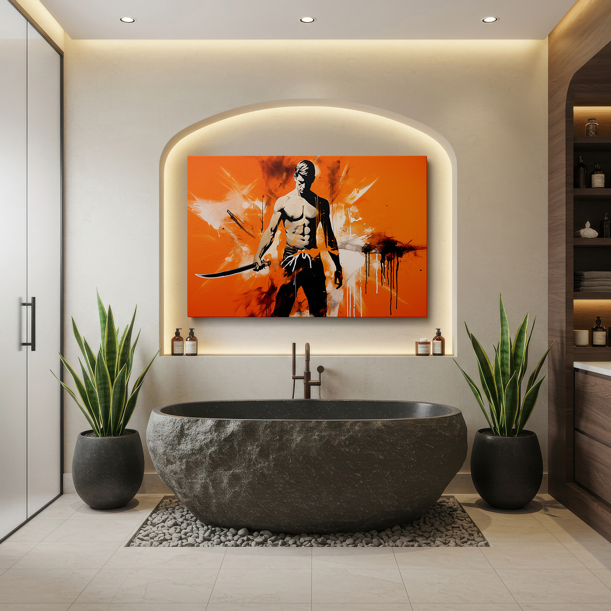 Close-up shows rich pigment, color blending, and brushwork texture — heroic silhouette set against a fiery orange backdrop, a bold display of determination and strength - large canvas wall art for office decor