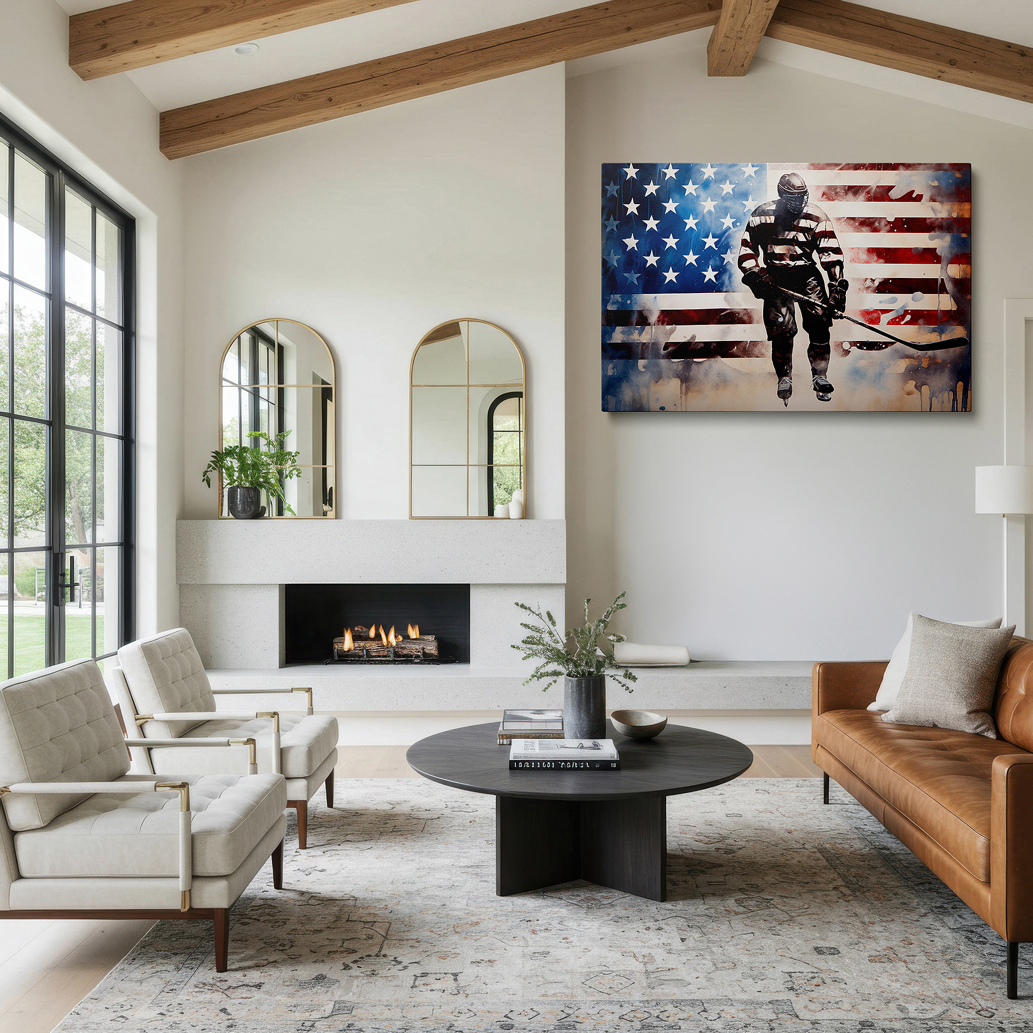 Close-up shows rich pigment, color blending, and brushwork texture — hockey player with american flag - celebrating sport and patriotism large wall art, canvas wall art, wall decor, office wall art