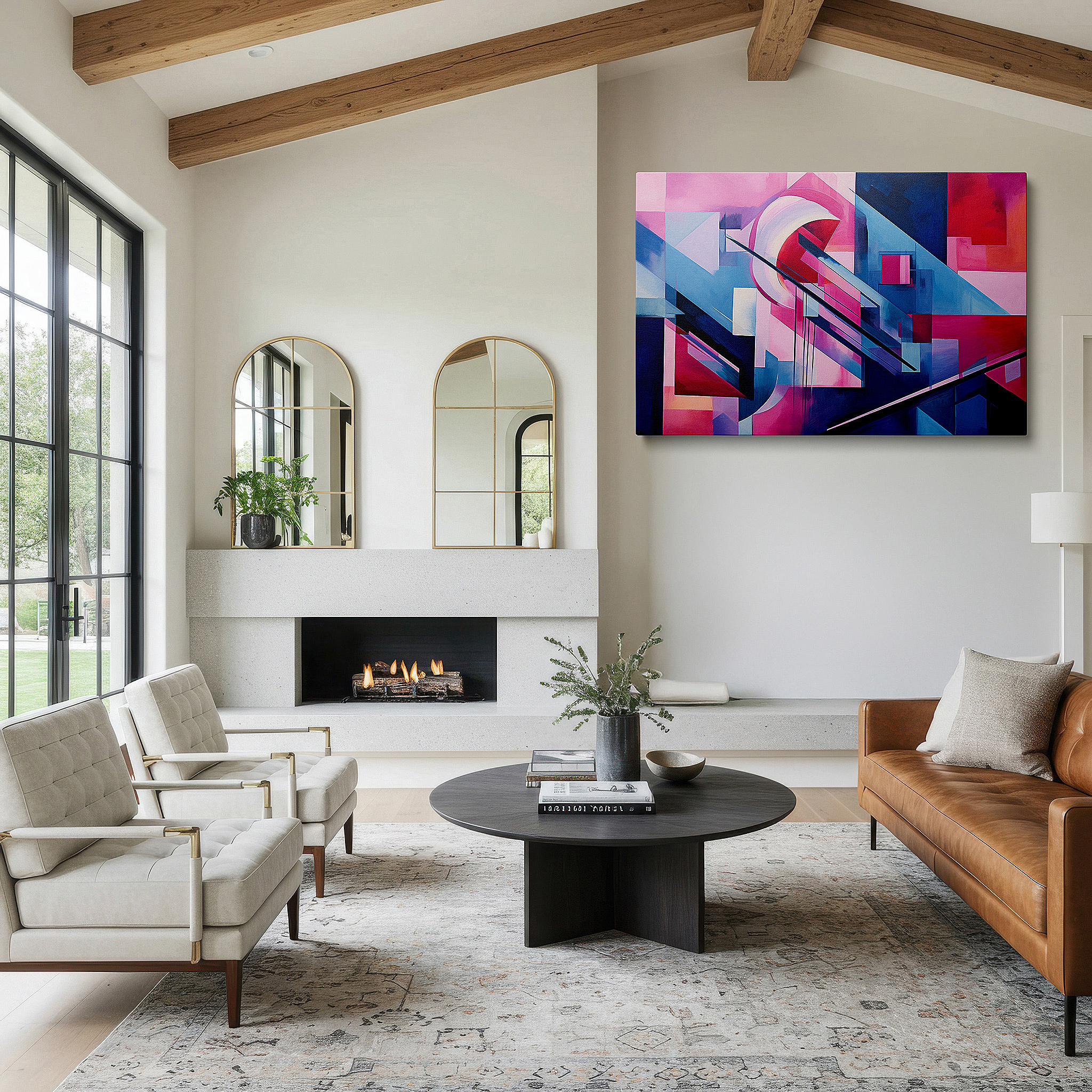 Close-up shows rich pigment, color blending, and brushwork texture — ignite your imagination with vibrant geometric large wall art, canvas decor for home and office