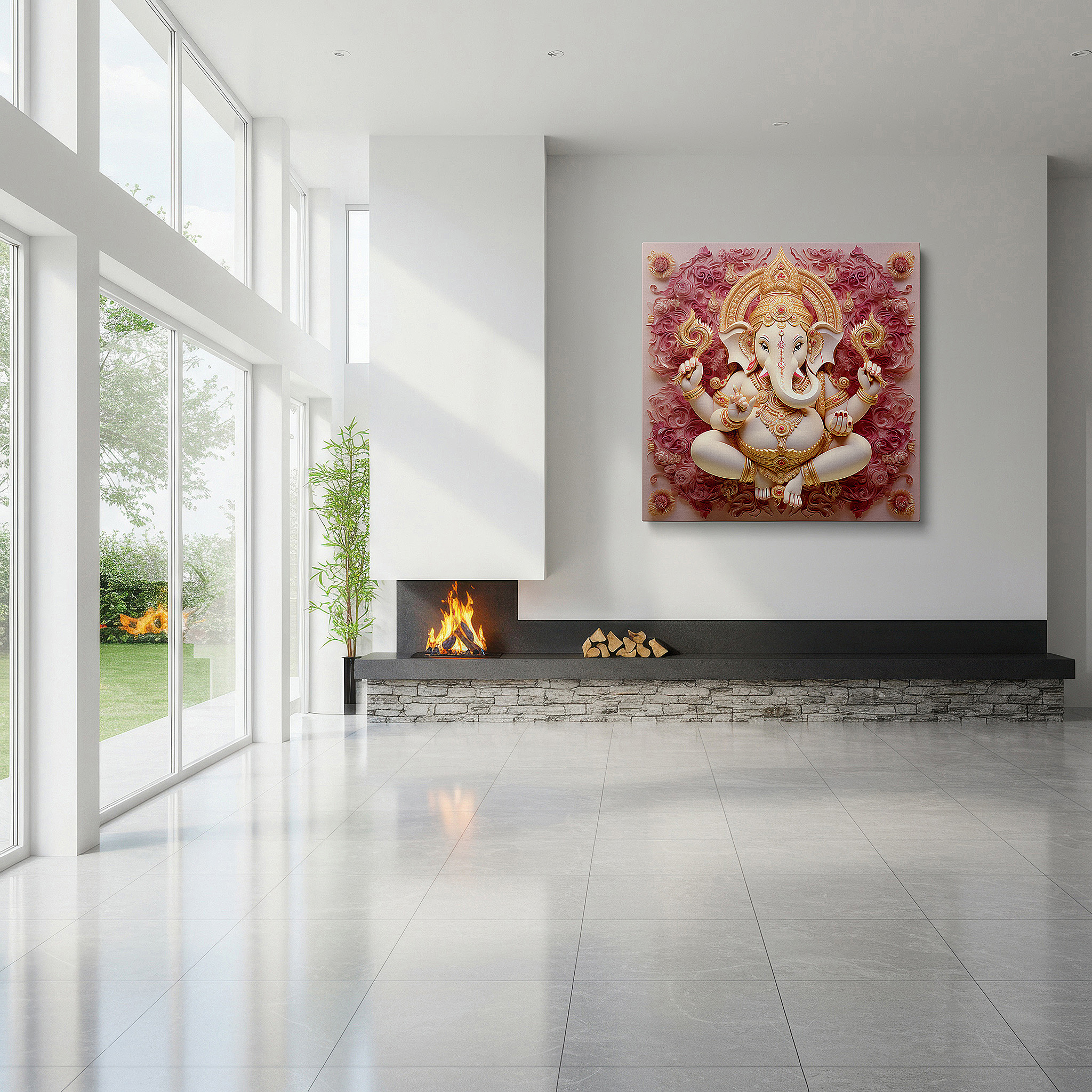 Close-up shows rich pigment, color blending, and brushwork texture — lord ganesh wall art for living room: a blend of sacred symbols and contemporary design, ideal for home and office decor, available in large canvas formats