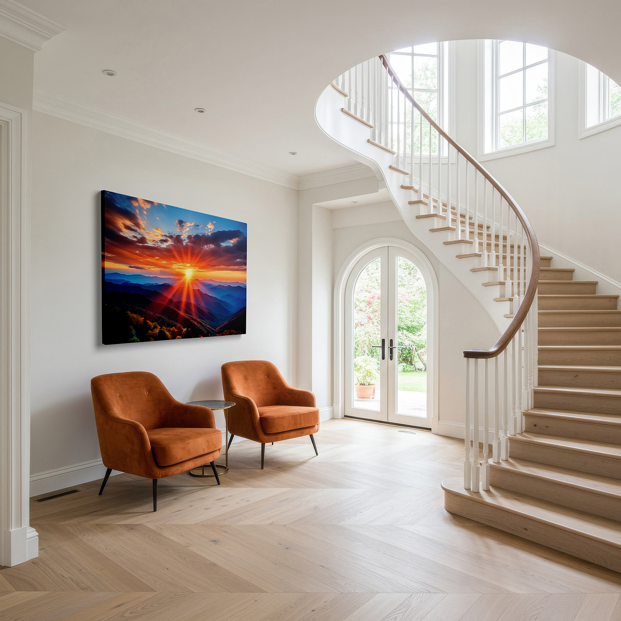 Close-up shows rich pigment, color blending, and brushwork texture — majestic mountain sunrise - a canvas of light and renewal: large wall art for offices and bedrooms