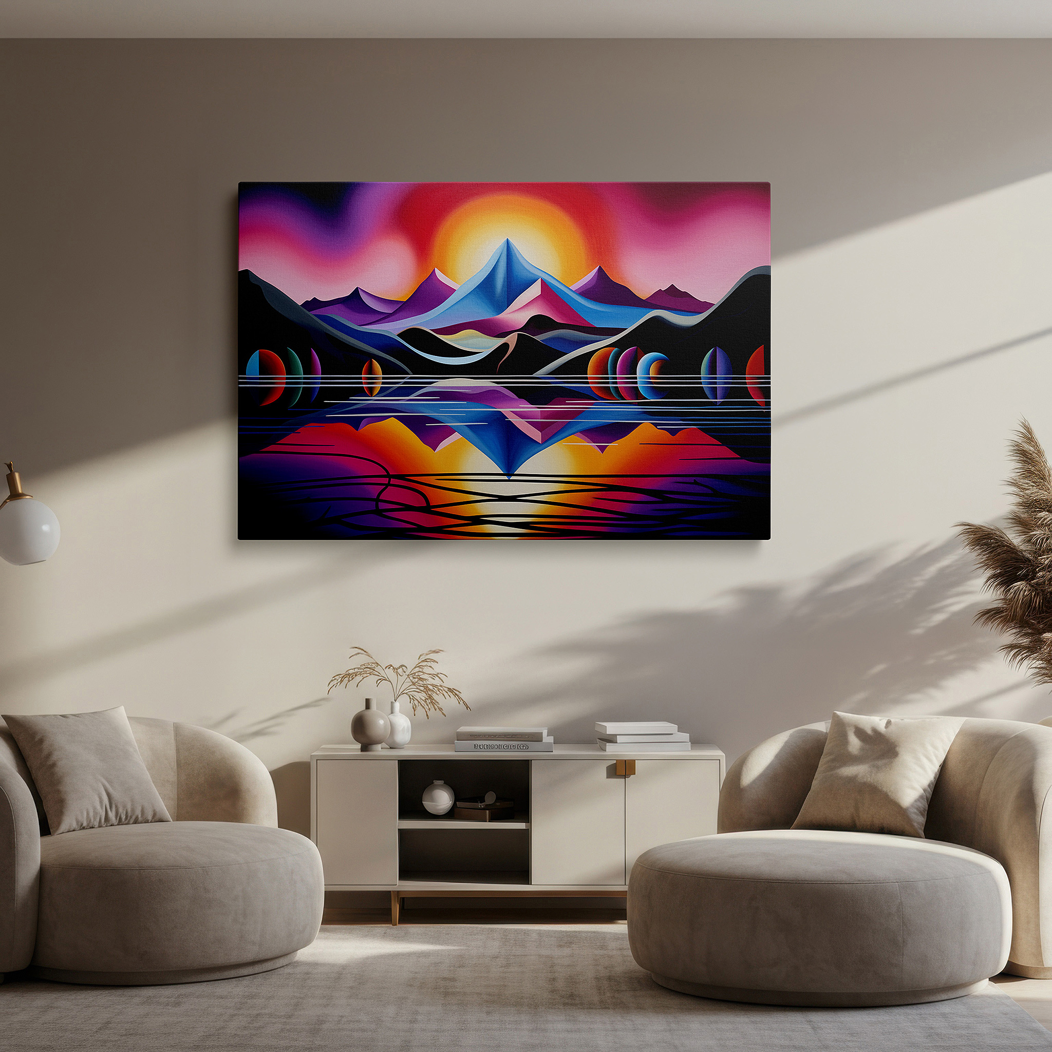 Close-up shows rich pigment, color blending, and brushwork texture — majestic mountains and glowing sunrise reflection on serene waters large wall art, canvas wall art, wall decor for office and bedroom