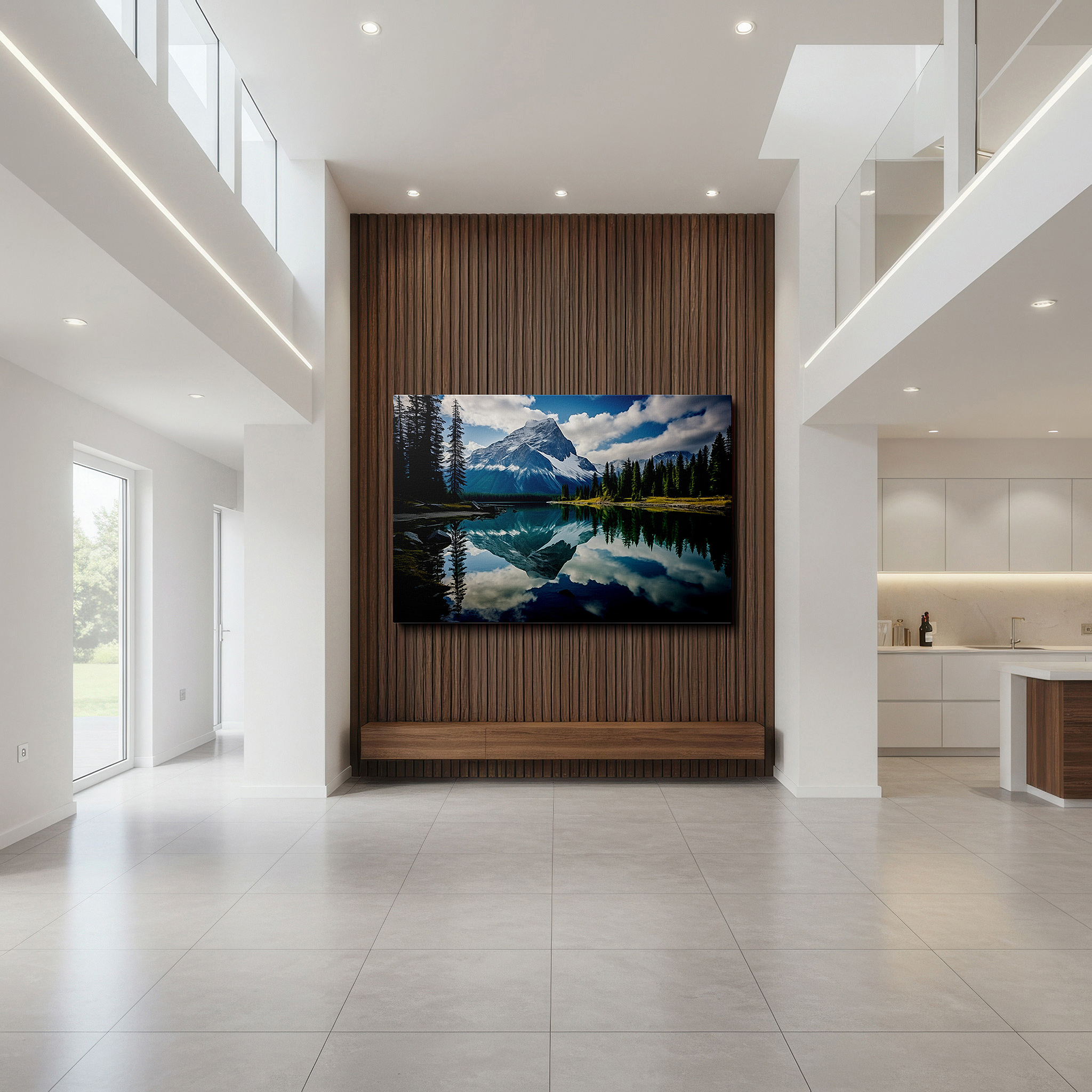 Close-up shows rich pigment, color blending, and brushwork texture — majestic mountains and serene lake reflections beneath captivating skies: large canvas wall art for office and bedroom decor