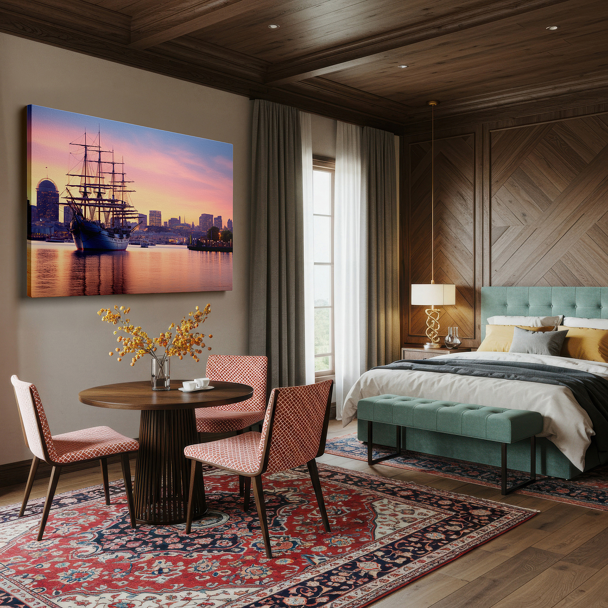 Close-up shows rich pigment, color blending, and brushwork texture — majestic sailing ship by waterfront with vibrant city skyline at sunset - large canvas wall art for office and bedroom decor