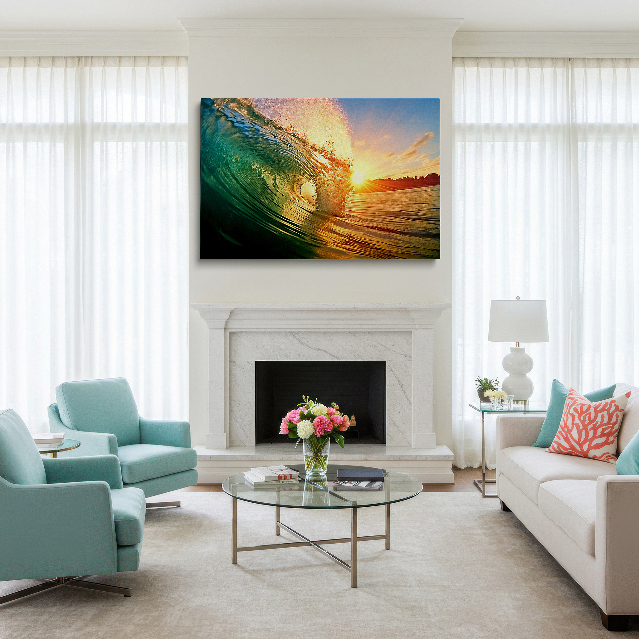Close-up shows rich pigment, color blending, and brushwork texture — majestic sunset wave - serene and powerful nature scene large wall art, canvas wall art, wall decor for office, bedroom, and living room