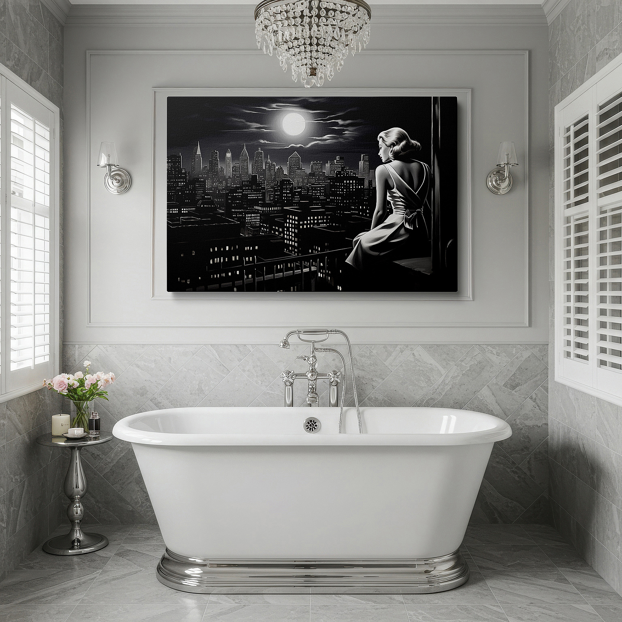 Close-up shows rich pigment, color blending, and brushwork texture — moonlit contemplation: reflective nostalgia and urban exploration in large wall art, canvas decor for offices and bedrooms